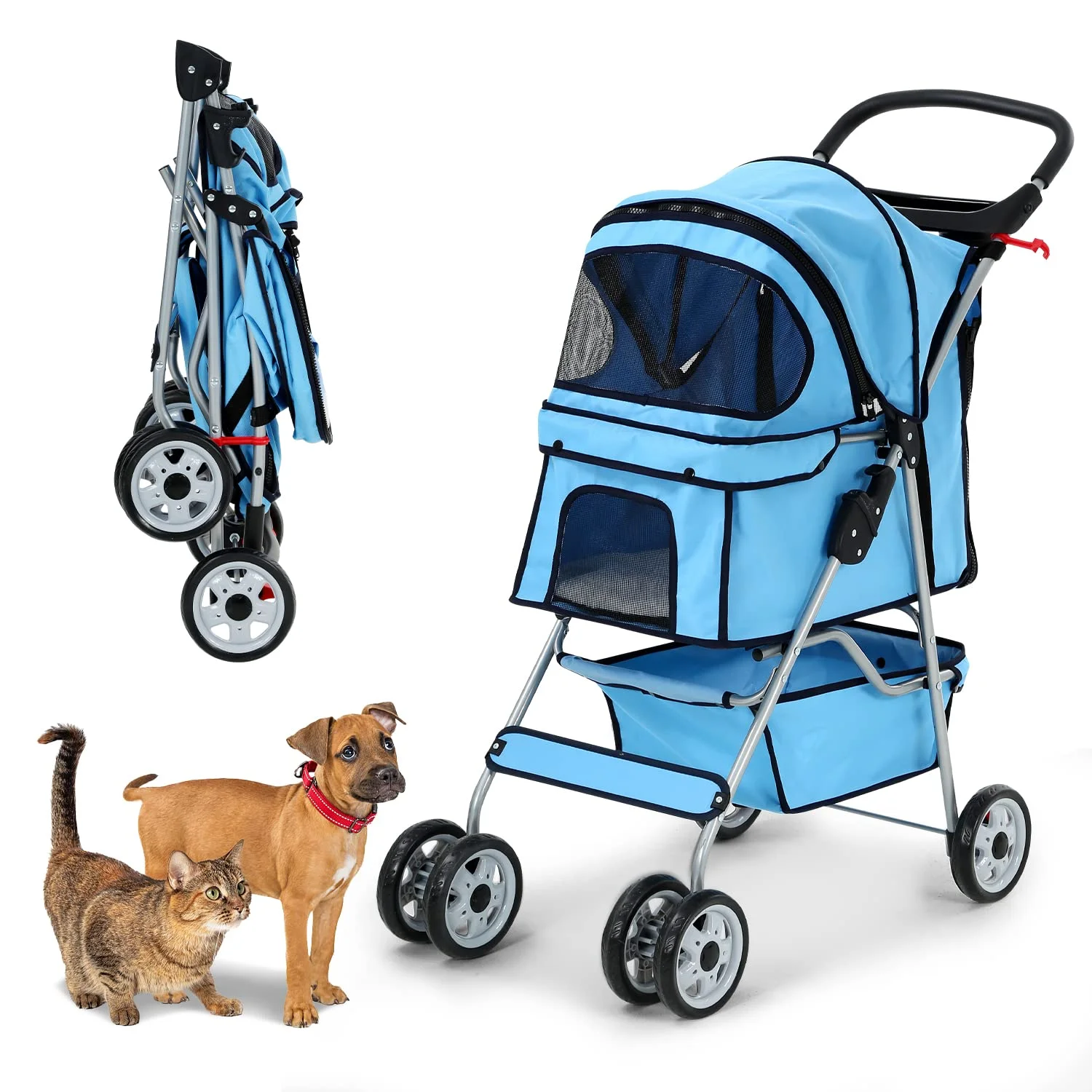 Dkelincs 4 Wheels Pet Stroller Folding Dog Cat Stroller Travel Carrier with Cup Holder & Storage Basket. Blue