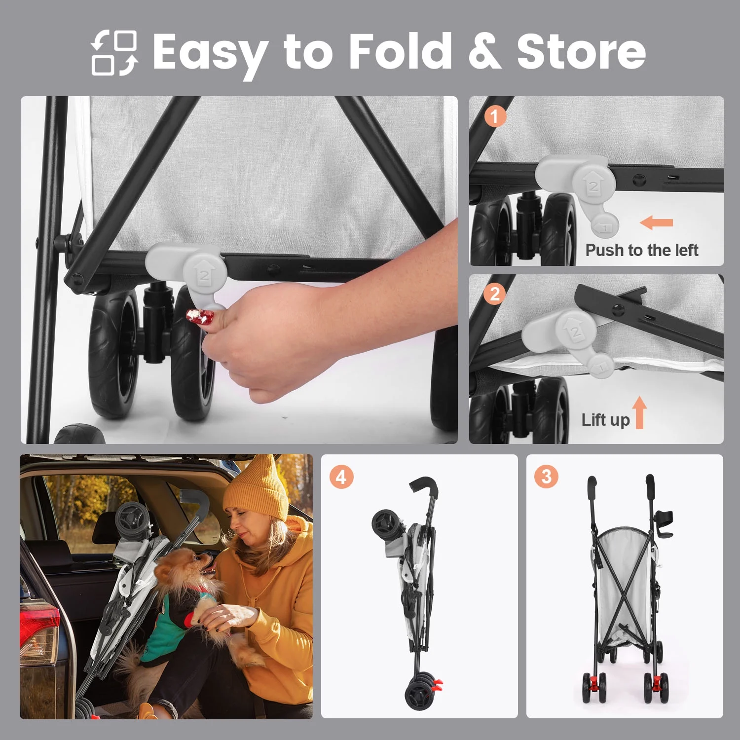 4 Wheel Foldable Cat Dog Stroller with Storage Basket. Handle 360° Front Wheel Rear Wheel with Brake for Small Medium Dogs & Cats-Gray