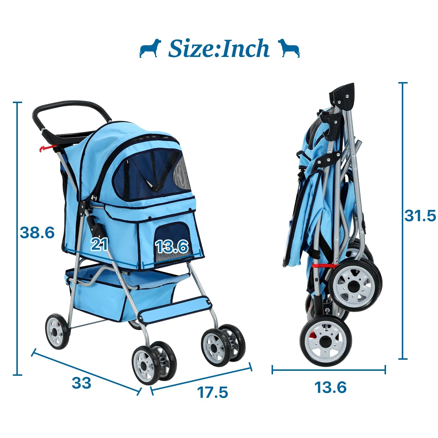 Dkelincs 4 Wheels Pet Stroller Folding Dog Cat Stroller Travel Carrier with Cup Holder & Storage Basket. Blue