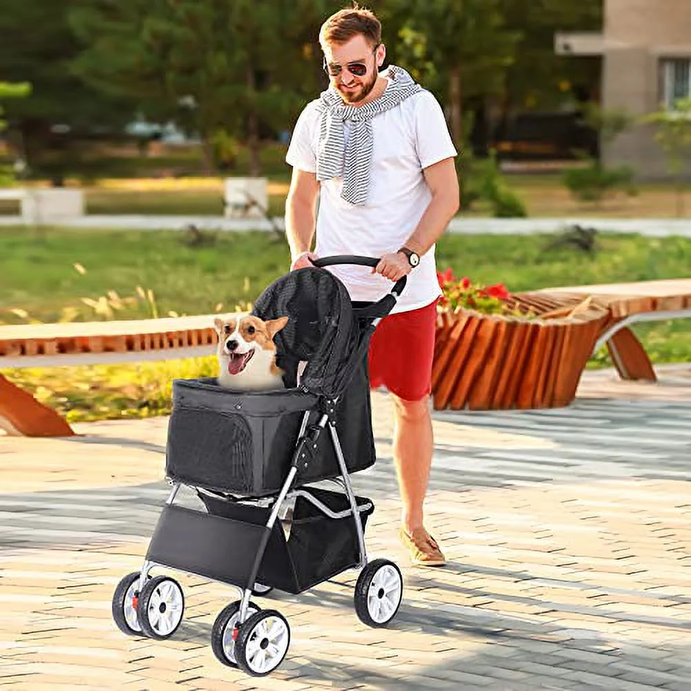 BBBuy 4 Wheels Foldable Pet Dog Cat Jogger Stroller Travel Carrier Strolling Cart w/Waterproof Cover Storage Basket Cup Holder & Removable Liner for Medium Small Cat Dog. Black