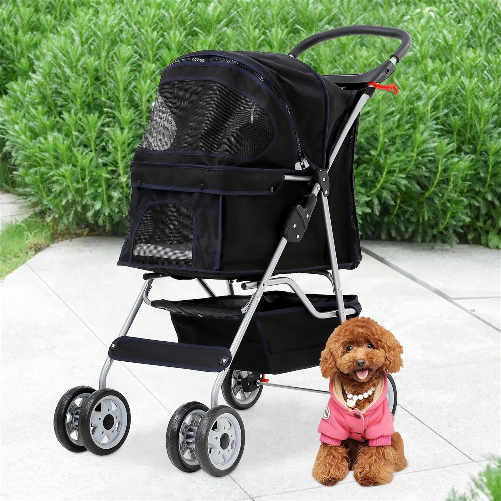 Foldable Dog Stroller Cat Stroller with Storage Basket & Removable Liner. 4 Wheels Pet Stroller .Foldable Carrier Strolling Cart for Dogs Cats. Black