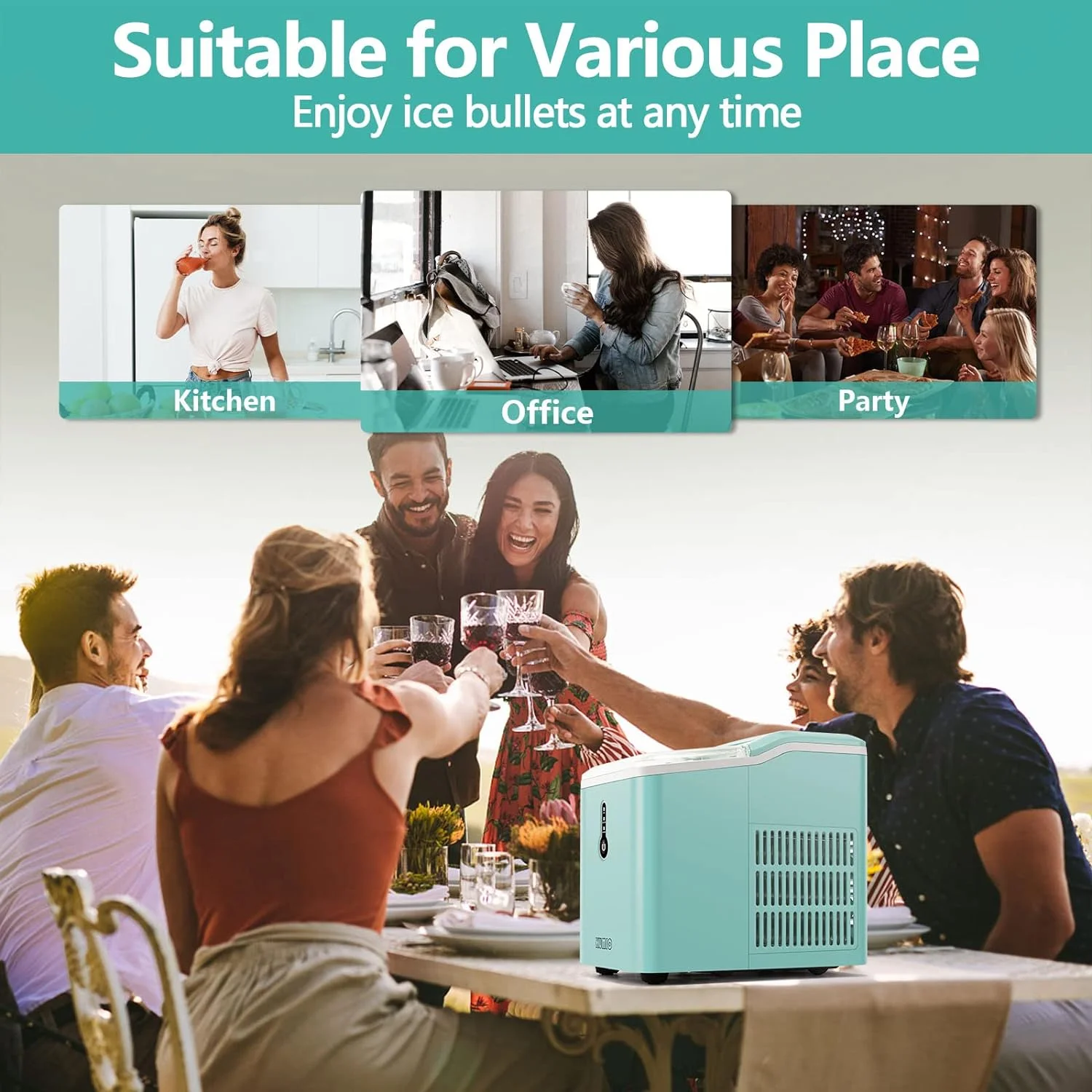 Ice Makers Countertop. 9 Bullet Ice in 6-9 Mins with Ice Scoop and Basket. 26.5 Lbs per Day. Portable Ice Maker for Home Office Camping Party RV. Blue