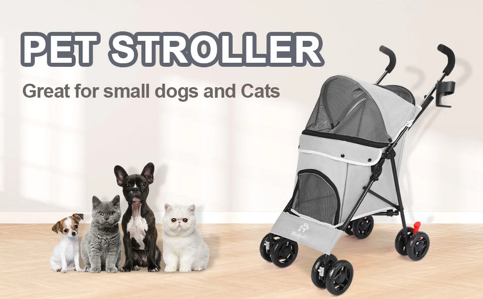 4 Wheel Foldable Cat Dog Stroller with Storage Basket. Handle 360° Front Wheel Rear Wheel with Brake for Small Medium Dogs & Cats-Gray