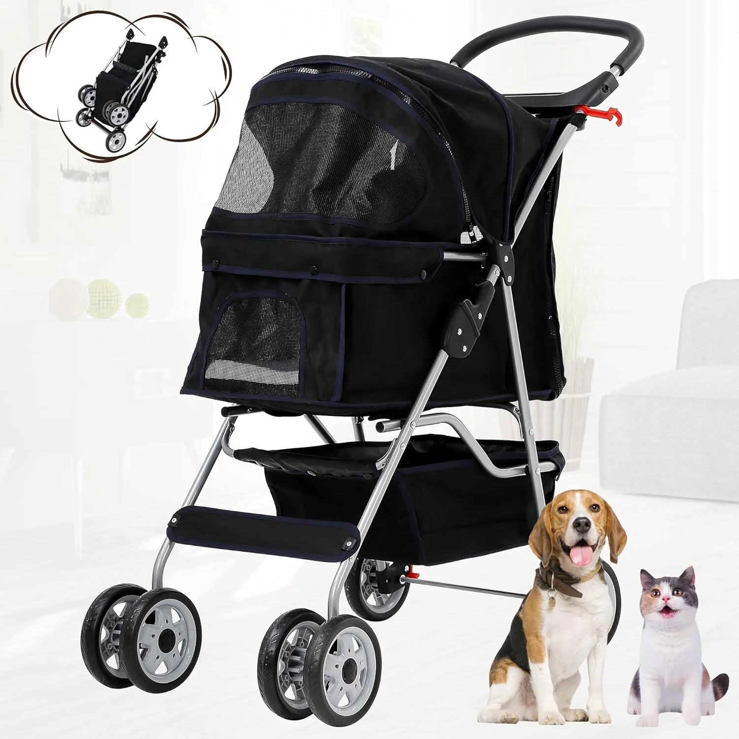 Dog Stroller Folding Pet Stroller 4 Wheels Cat Stroller Foldable Stroller Waterproof Travel Carrier Strolling Cart for Puppy Jogger Stroller W/Cup Holder & Storage Basket. Black