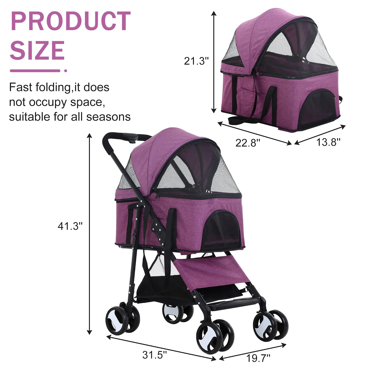 YRLLENSDAN 4 Wheels Pet Strollers for Small Dogs Jogging Stroller. Lightweight Foldable Dog Stroller for Medium Large Dogs 3-in-1 Multifunction Cat Stroller w/Detachable Carrier & Storage Basket