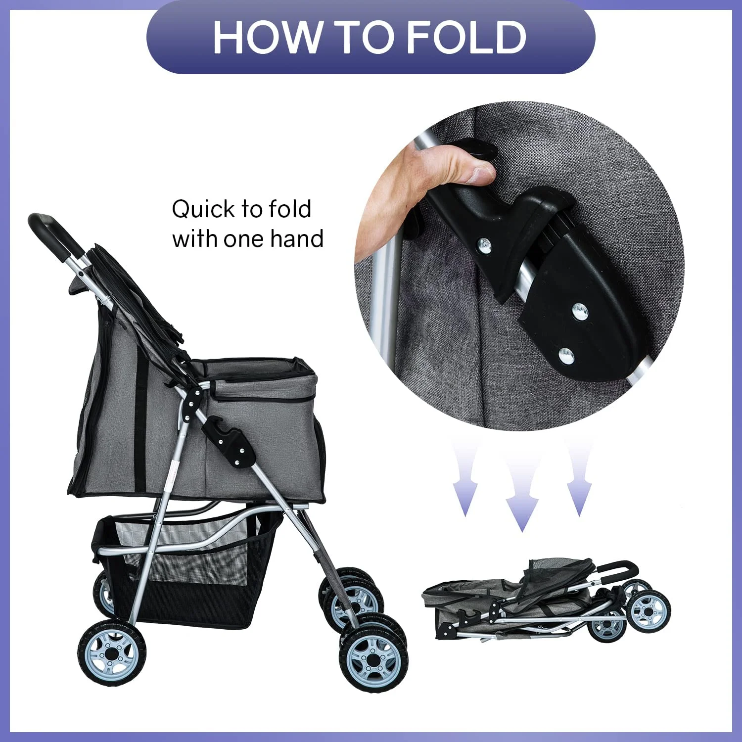 Dkelincs Pet Stroller 4 Wheels Foldable Dog Cat Stroller Travel Carrier with Storage Basket & Cup Holder. Grey