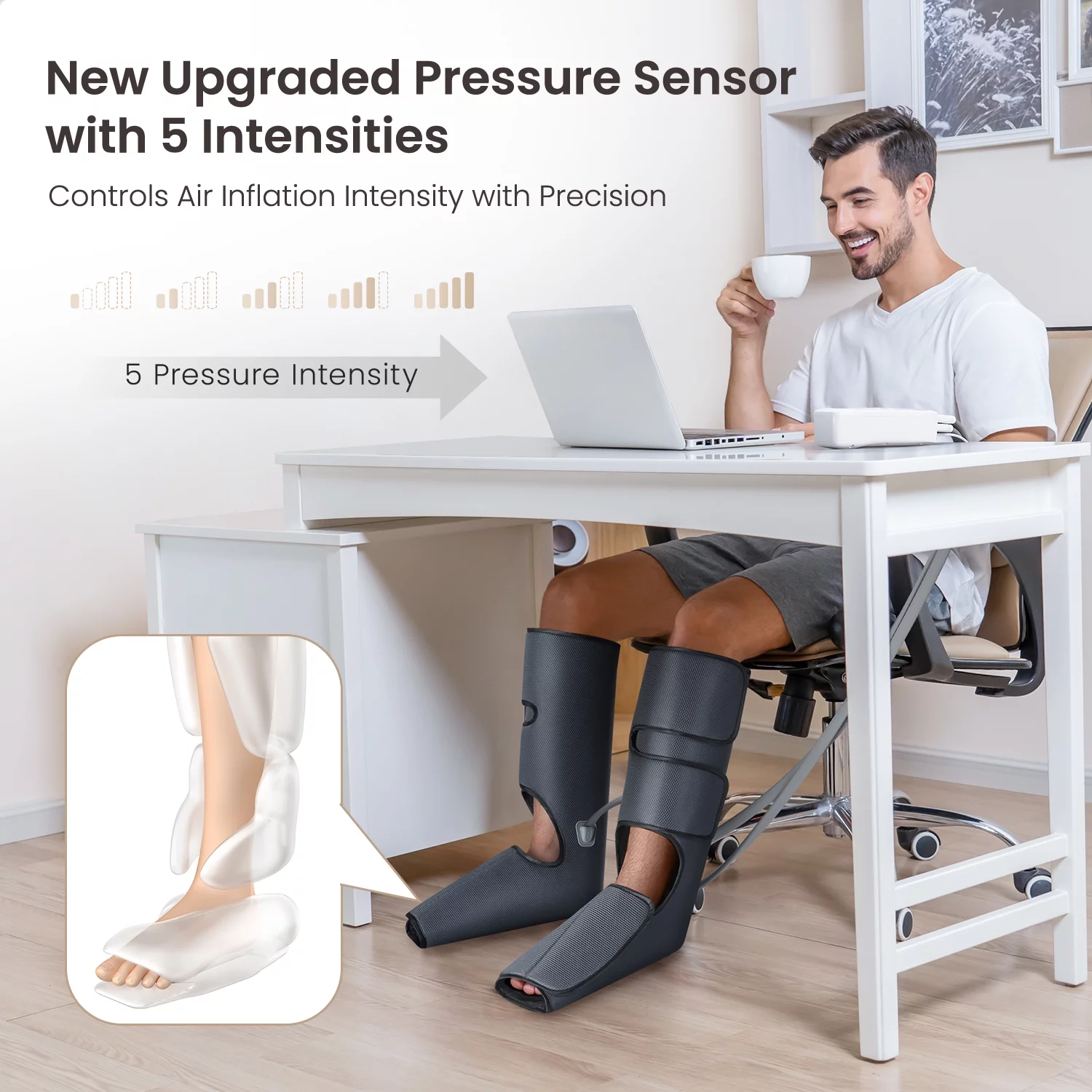 PureHeal Leg Massager for Circulation. Air Compression Foot and Leg Massage with 5 Modes and 5 Intensities. Black