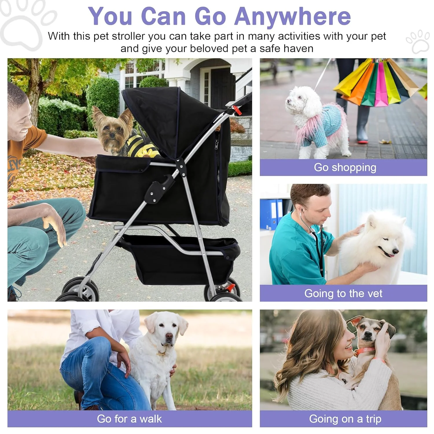 Dog Stroller Folding Pet Stroller 4 Wheels Cat Stroller Foldable Stroller Waterproof Travel Carrier Strolling Cart for Puppy Jogger Stroller W/Cup Holder & Storage Basket. Black