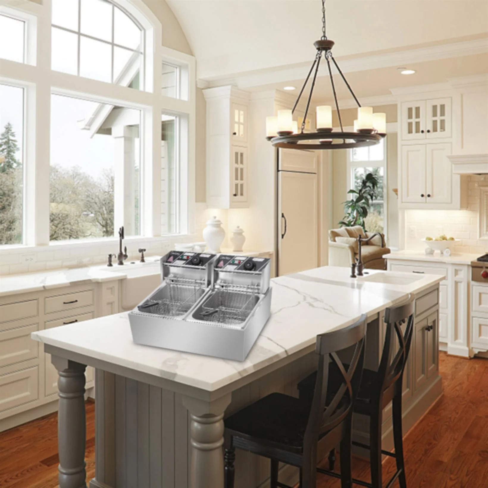 YAPENG Electric Deep Fryer. 12L*2 Large Capacity Countertop Fryer w/Dual Removable Basket and Lids. 2500W*2 Stainless Steel Deep Fryer. Silver