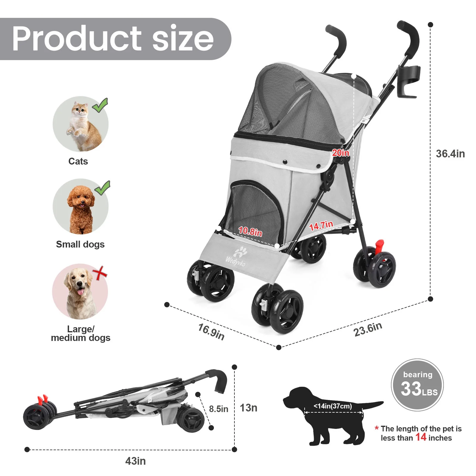 4 Wheel Foldable Cat Dog Stroller with Storage Basket. Handle 360° Front Wheel Rear Wheel with Brake for Small Medium Dogs & Cats-Gray