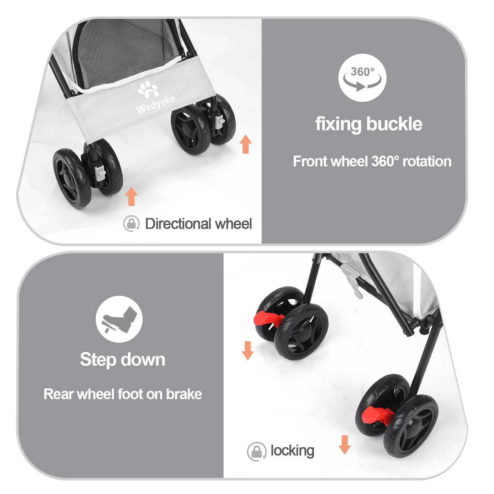 4 Wheel Foldable Cat Dog Stroller with Storage Basket. Handle 360° Front Wheel Rear Wheel with Brake for Small Medium Dogs & Cats-Gray