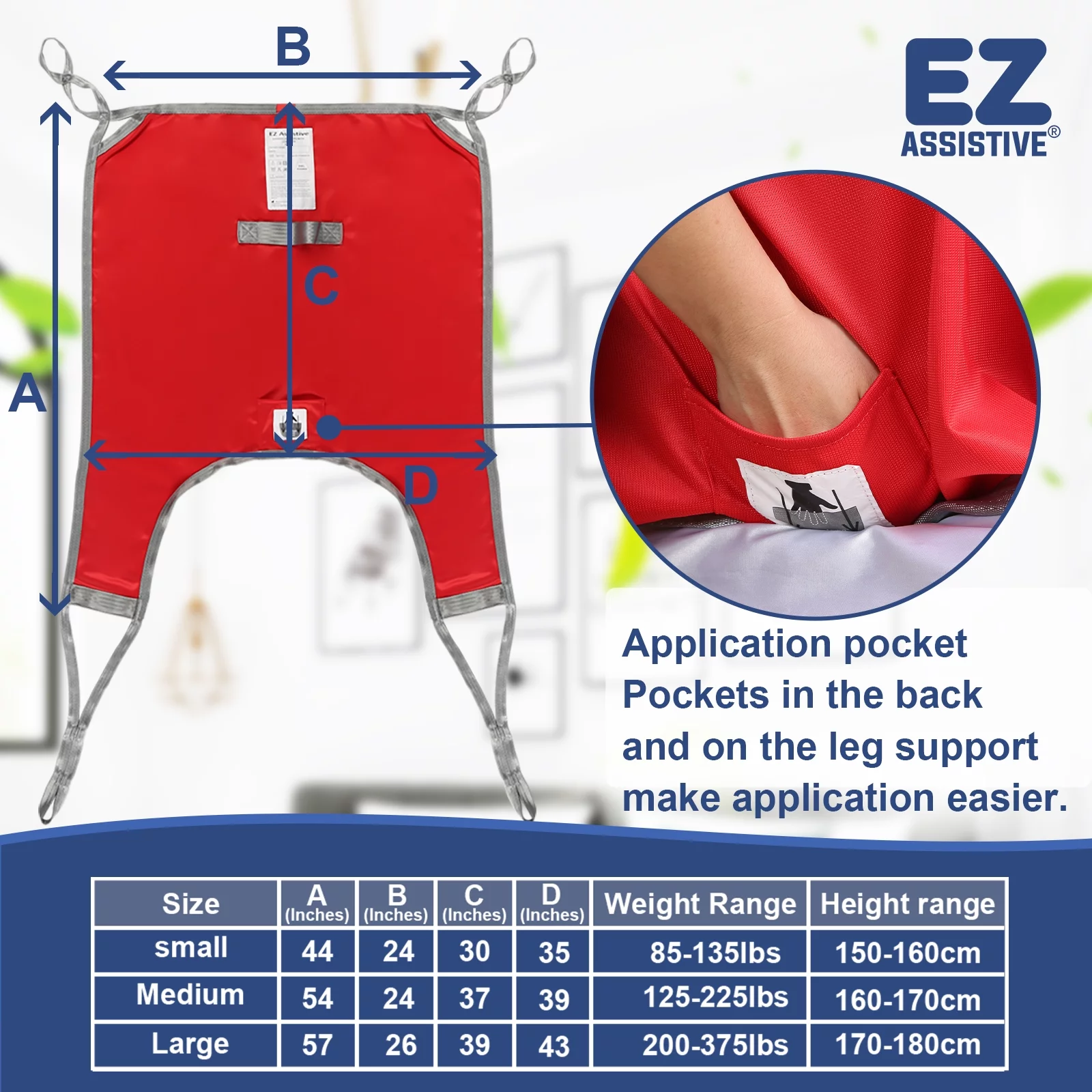 EZ Assistive Patient Lift Sling with Divided Leg for Patient Transfer Red Hoyer Lift Sling. 500lb Weight Capacity (Large Size )