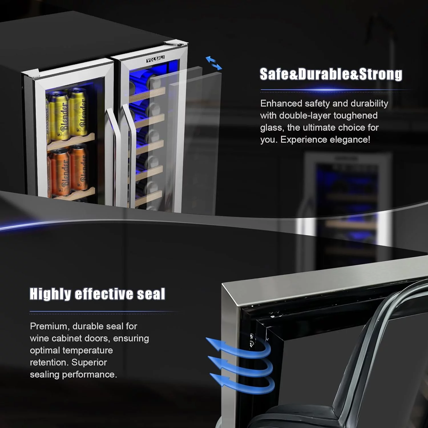 Yolsali 24 Inch Wine Cooler. Beverage Refrigerator. Dual Zone Wine Cooler Refrigerator with 2 Safety Locks. Adjustable Legs. Soft LED Light. Hold 20 Bottles and 57 Cans. Built-In or Freestanding