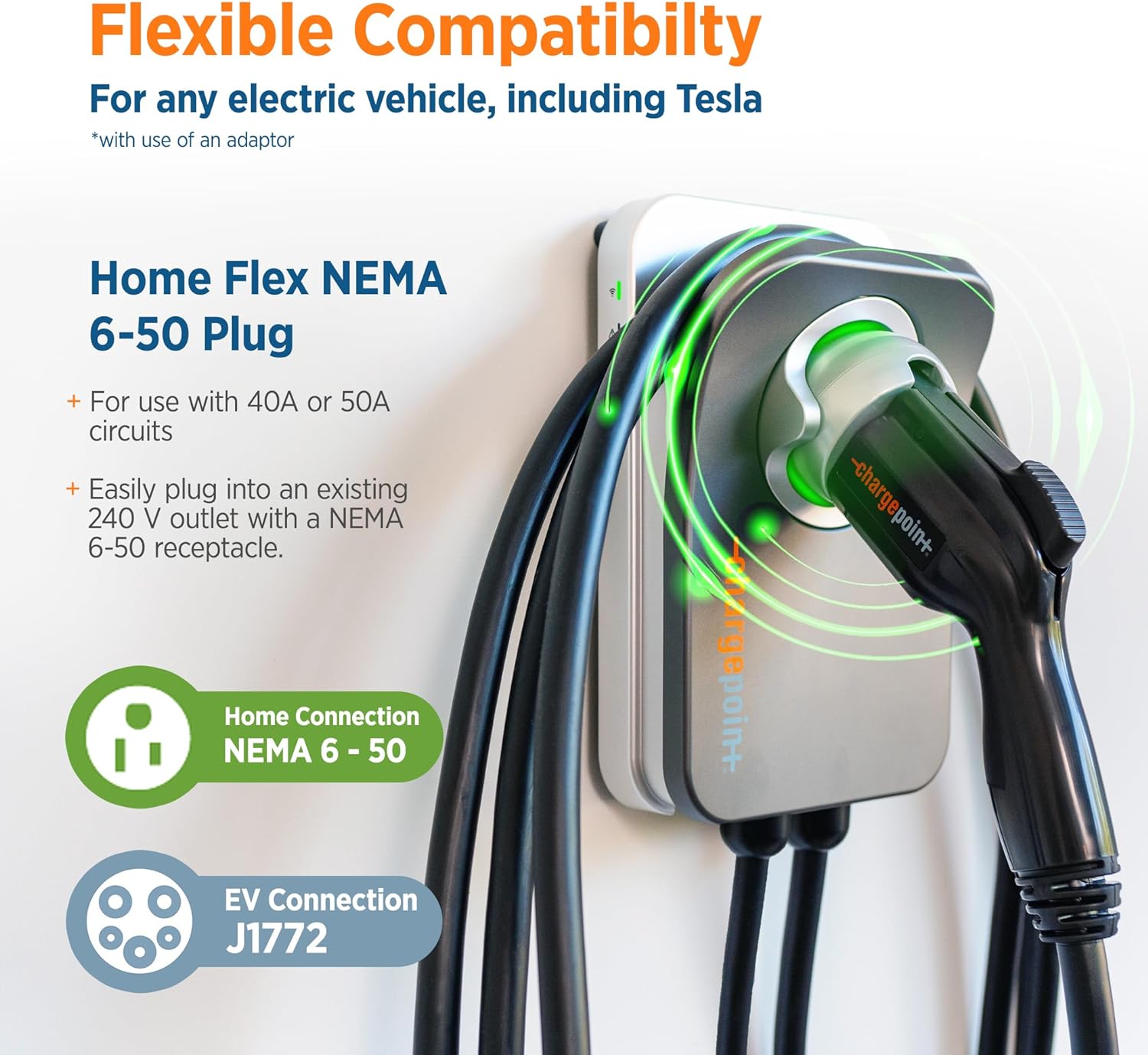 Home Flex Level 2 EV Charger. NEMA 14-50 Outlet 240V EV Charge Station. Electric Vehicle Charging Equipment Compatible with All EV Models