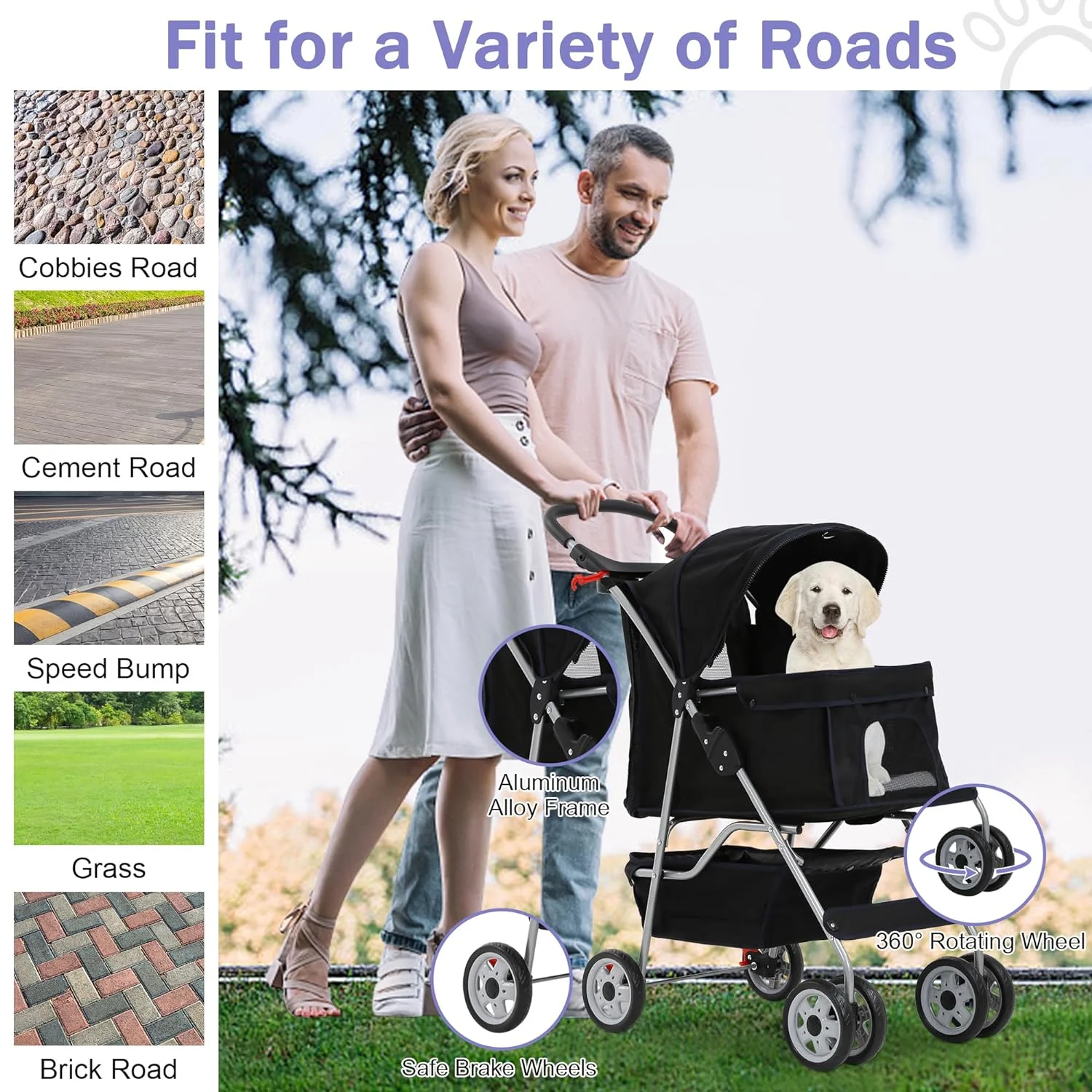 Dog Stroller Folding Pet Stroller 4 Wheels Cat Stroller Foldable Stroller Waterproof Travel Carrier Strolling Cart for Puppy Jogger Stroller W/Cup Holder & Storage Basket. Black