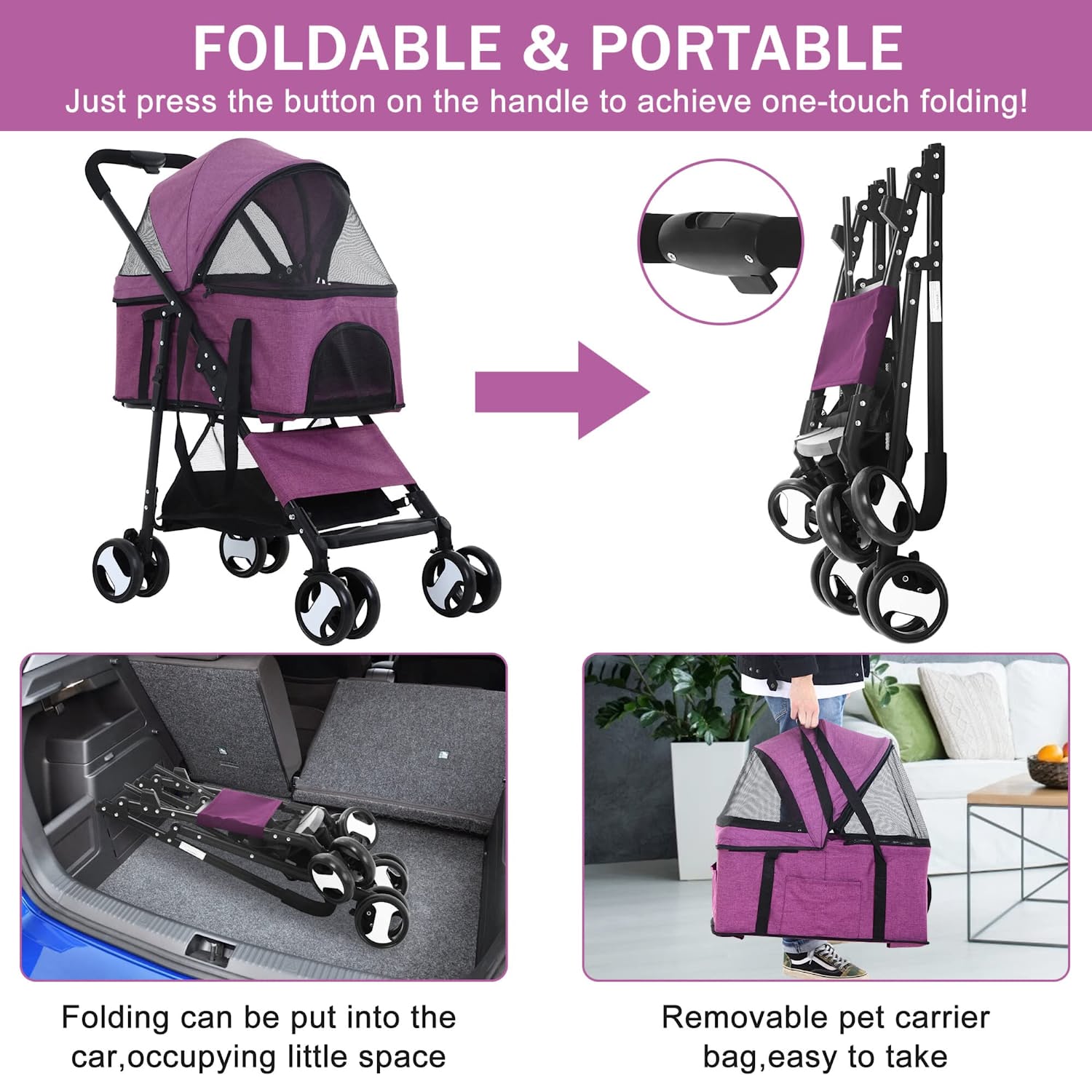 YRLLENSDAN 4 Wheels Pet Strollers for Small Dogs Jogging Stroller. Lightweight Foldable Dog Stroller for Medium Large Dogs 3-in-1 Multifunction Cat Stroller w/Detachable Carrier & Storage Basket