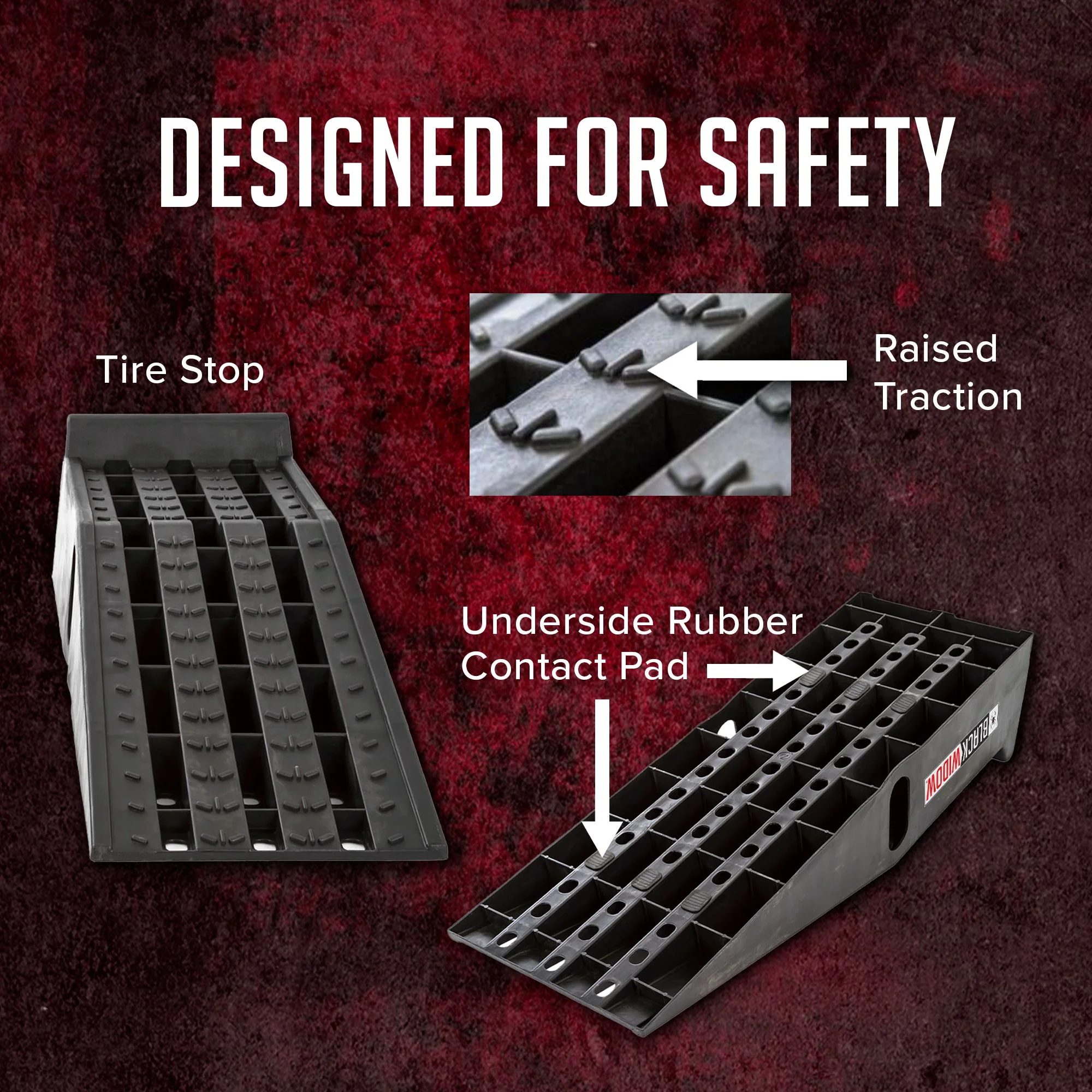 Black Widow PSR295 Plastic Car Service Ramps - Lifts Vehicles 6.25in H for Maintenance or Oil Changes - Each Ramp is 12in W - Pack of Two - 10.000 lbs. Capacity Per Pair