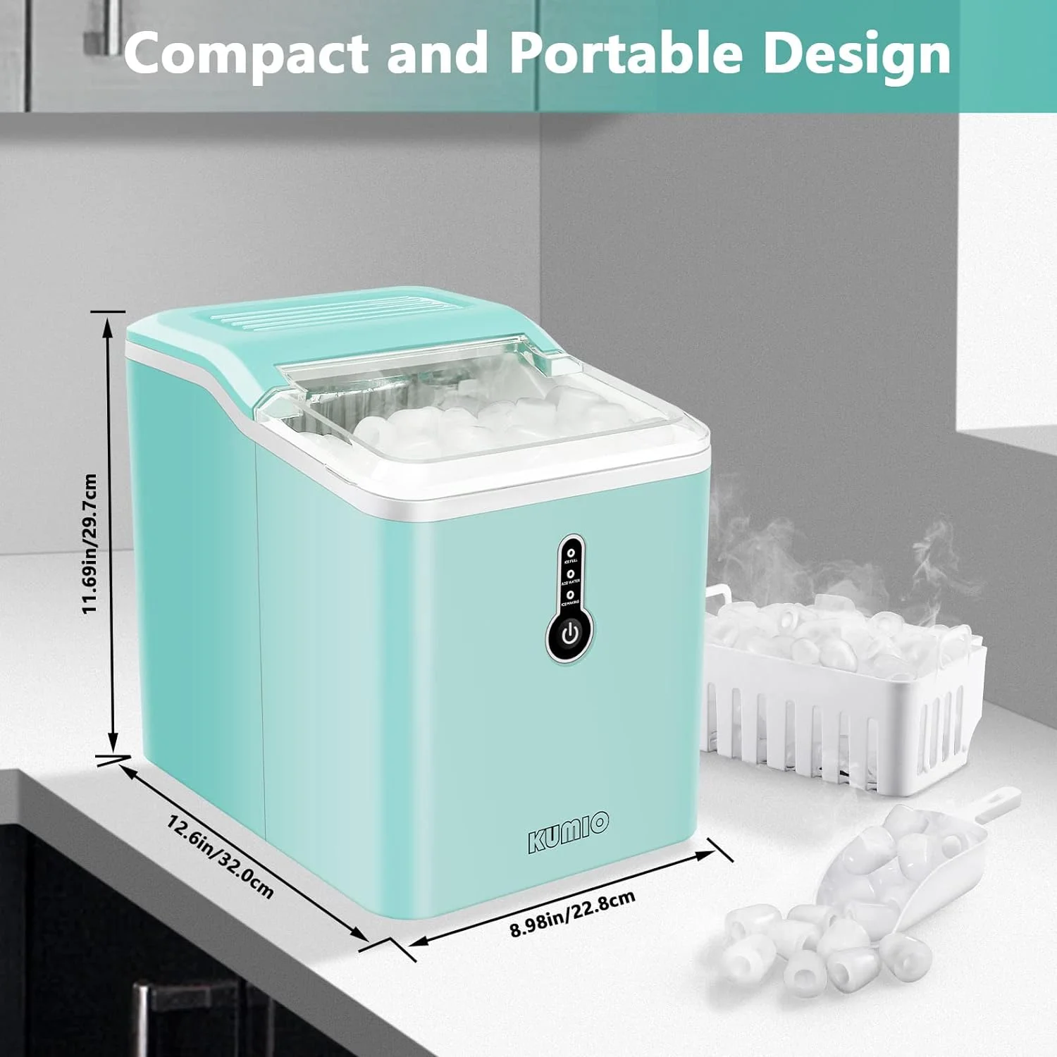 Ice Makers Countertop. 9 Bullet Ice in 6-9 Mins with Ice Scoop and Basket. 26.5 Lbs per Day. Portable Ice Maker for Home Office Camping Party RV. Blue