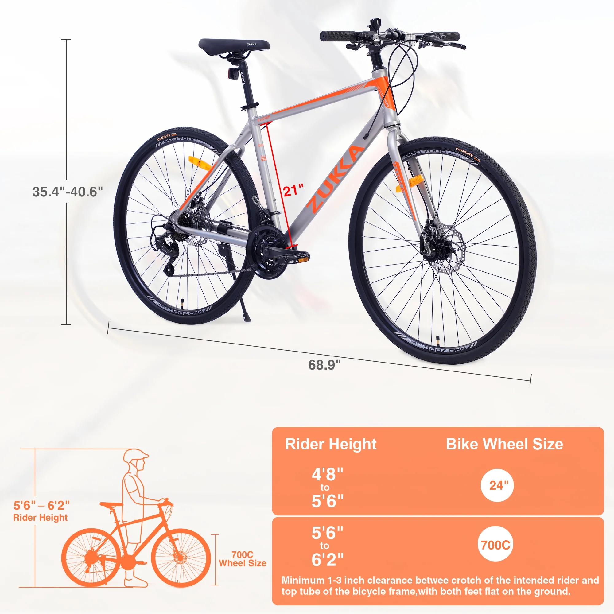 28 inch Hybrid Bike Men. Road Bike with Shimano 21 Speed. 700C Wheels. Comfort Adult Bicycle with Dual Disc Brake. 21'' Lightweight Aluminium Frame. Suggested Rider 5'6 to 6'2 Tall- Silver+Orange