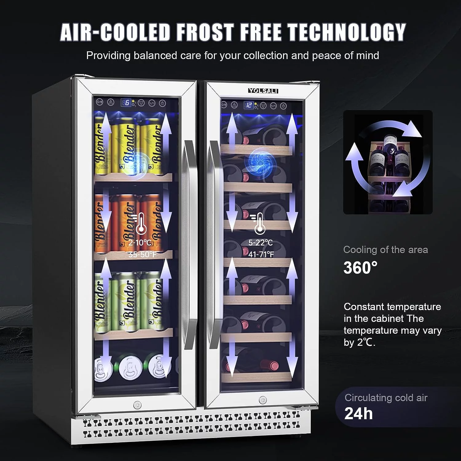 Yolsali 24 Inch Wine Cooler. Beverage Refrigerator. Dual Zone Wine Cooler Refrigerator with 2 Safety Locks. Adjustable Legs. Soft LED Light. Hold 20 Bottles and 57 Cans. Built-In or Freestanding