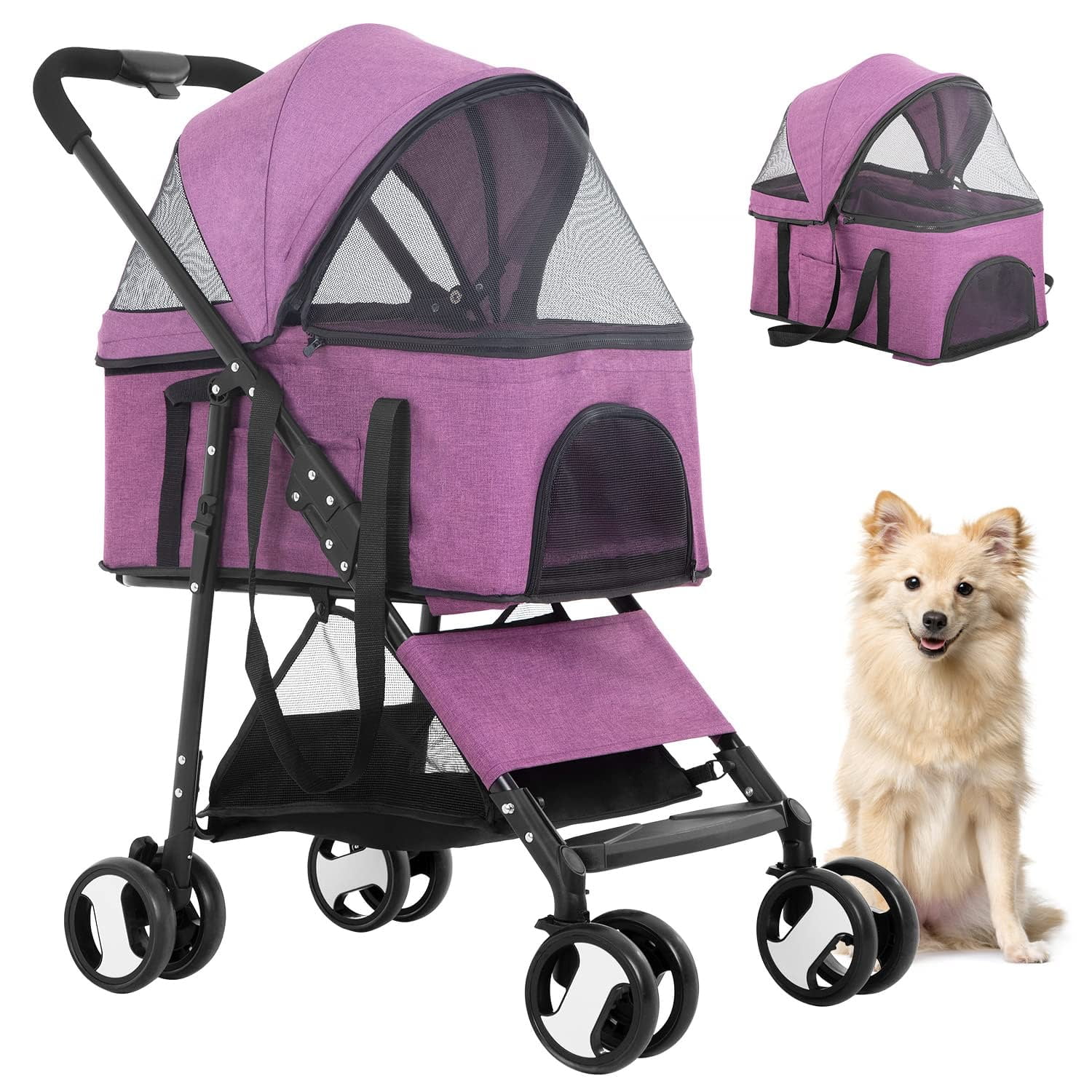 YRLLENSDAN 4 Wheels Pet Strollers for Small Dogs Jogging Stroller. Lightweight Foldable Dog Stroller for Medium Large Dogs 3-in-1 Multifunction Cat Stroller w/Detachable Carrier & Storage Basket