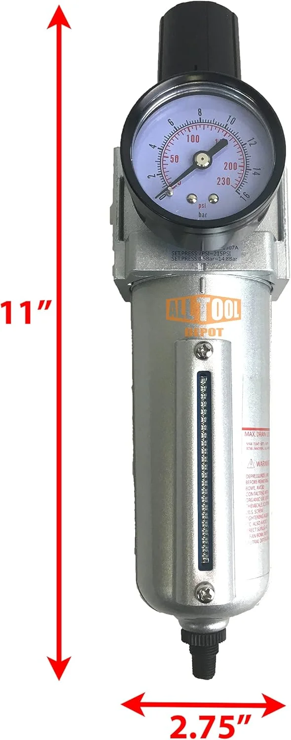 NPT HEAVY DUTY Compressed Air In Line Filter Regulator Combo Piggyback. Metal Bowl. 5 Micron . Adjustable From 7 to 175 PSI (AUTO DRAIN)