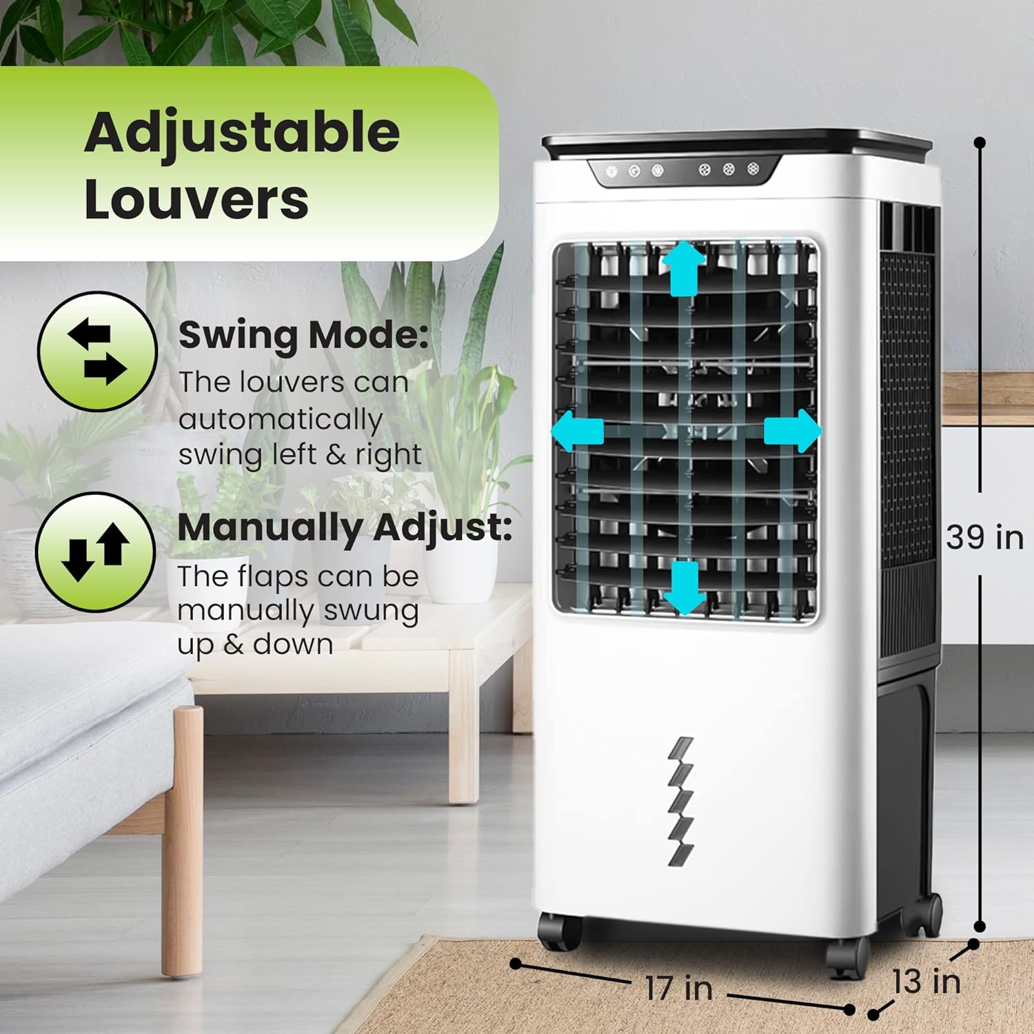 Premium Indoor Air Cooler 1.100 Sq Ft / 5300 CFM. Portable & Modern Design. Wind Oscillation. 9.6 Gallon Water Tank. 4 Caster Wheels. Remote Included (LBW-6500RC)