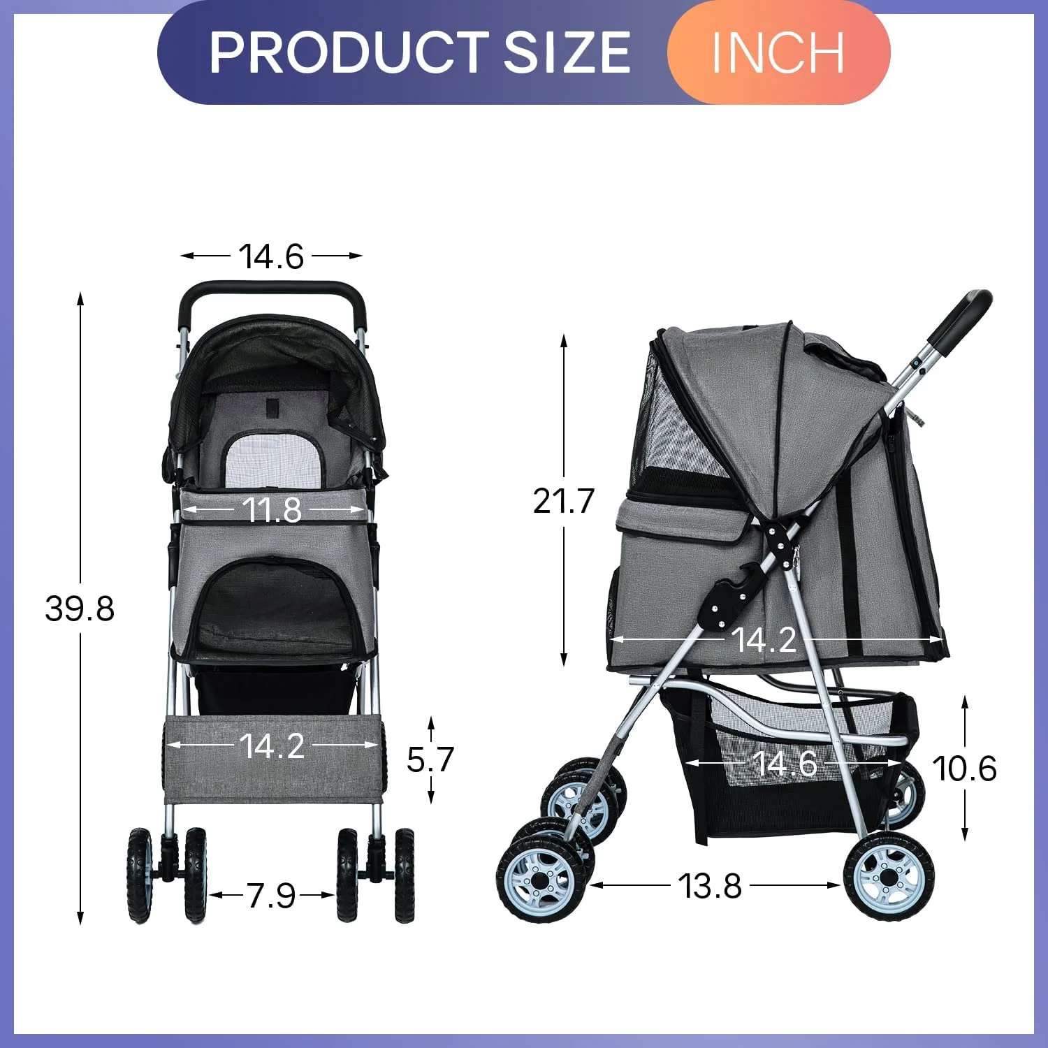 Dkelincs Pet Stroller 4 Wheels Foldable Dog Cat Stroller Travel Carrier with Storage Basket & Cup Holder. Grey