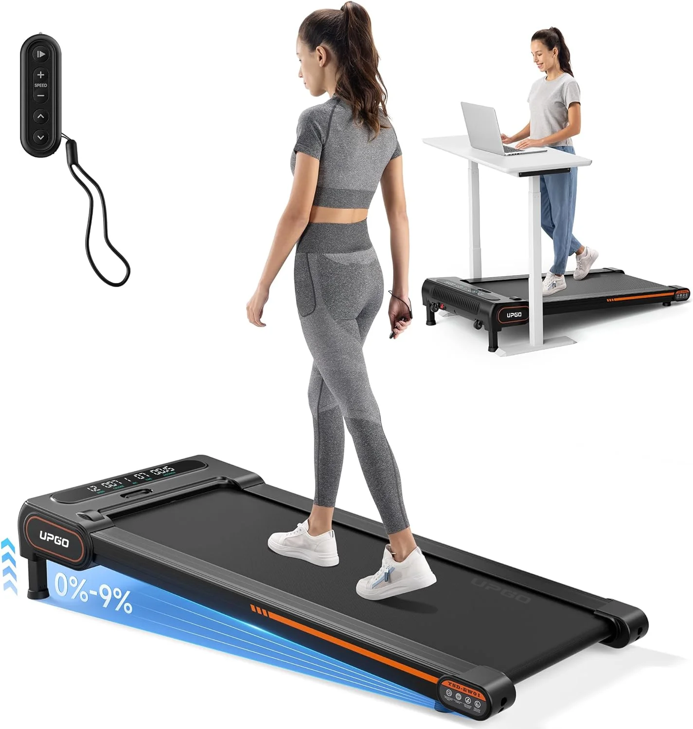UPGO Walking Pad with Auto Incline up to 9%. Under Desk Treadmills with 350LBS Weight Capacity. 3-Slope Incline and Large LED Display