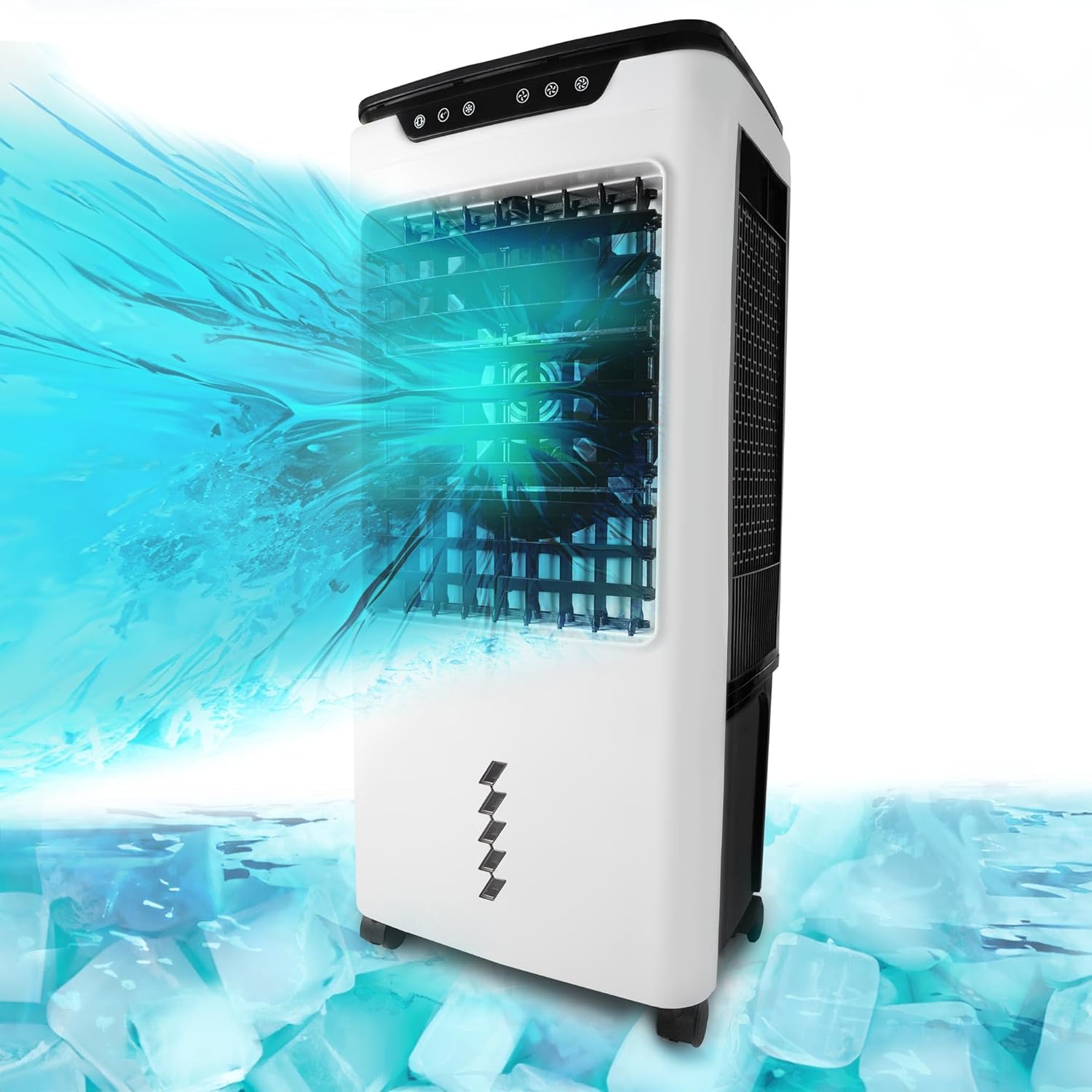 Premium Indoor Air Cooler 1.100 Sq Ft / 5300 CFM. Portable & Modern Design. Wind Oscillation. 9.6 Gallon Water Tank. 4 Caster Wheels. Remote Included (LBW-6500RC)