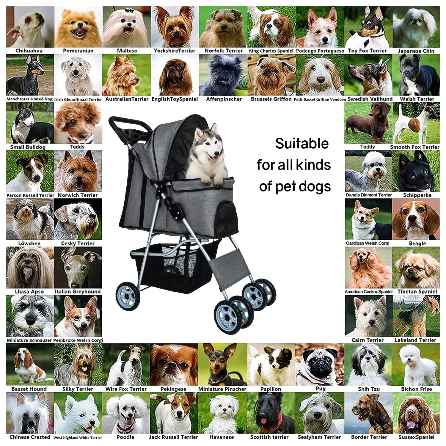 Dkelincs Pet Stroller 4 Wheels Foldable Dog Cat Stroller Travel Carrier with Storage Basket & Cup Holder. Grey