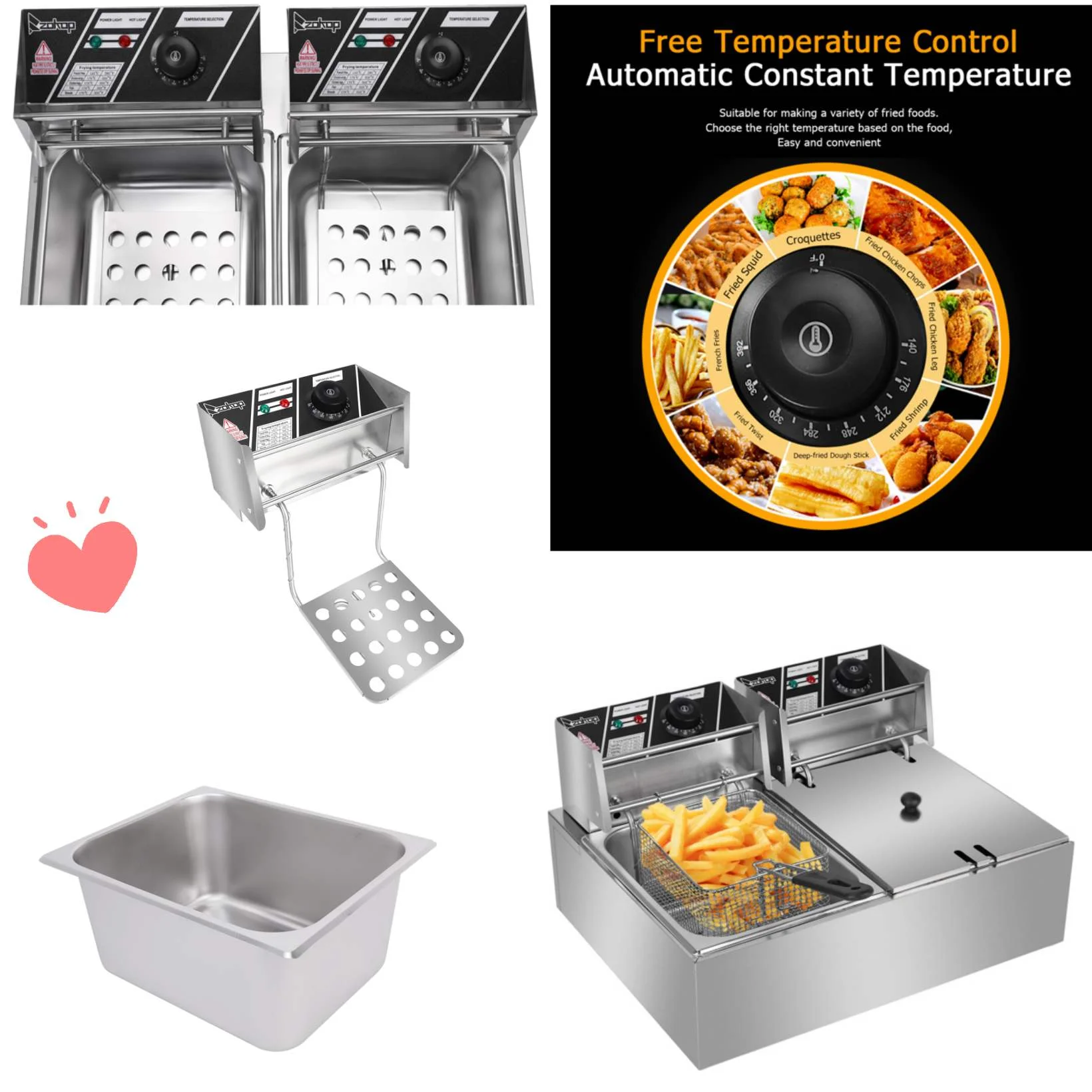 YAPENG Electric Deep Fryer. 12L*2 Large Capacity Countertop Fryer w/Dual Removable Basket and Lids. 2500W*2 Stainless Steel Deep Fryer. Silver