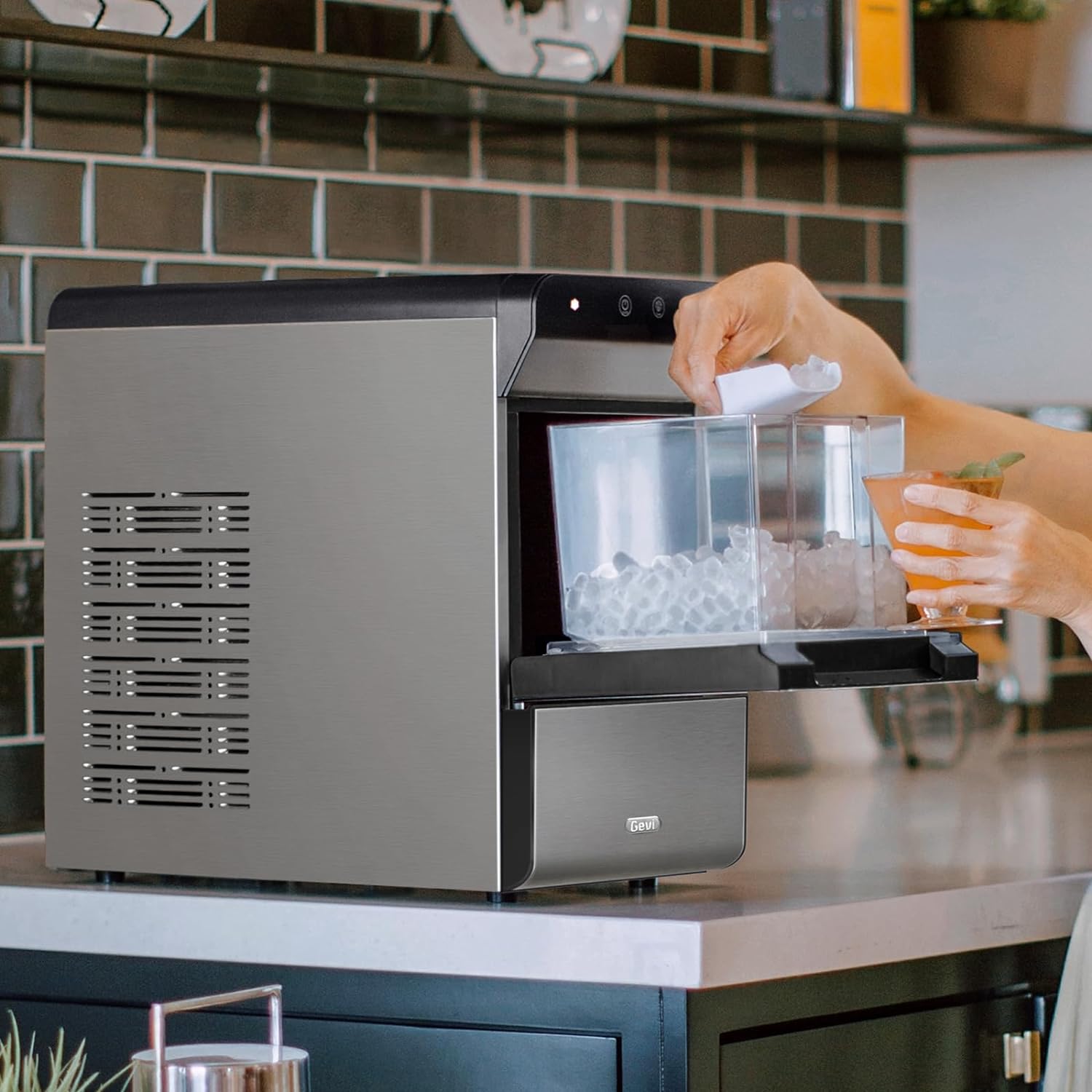 V2.0 Countertop Gemi Nugget Ice Maker | Self-Cleaning Pellet Ice Machine | Open and Pour Water Refill | Stainless Steel Housing | Fit Under Wall Cabinet | White