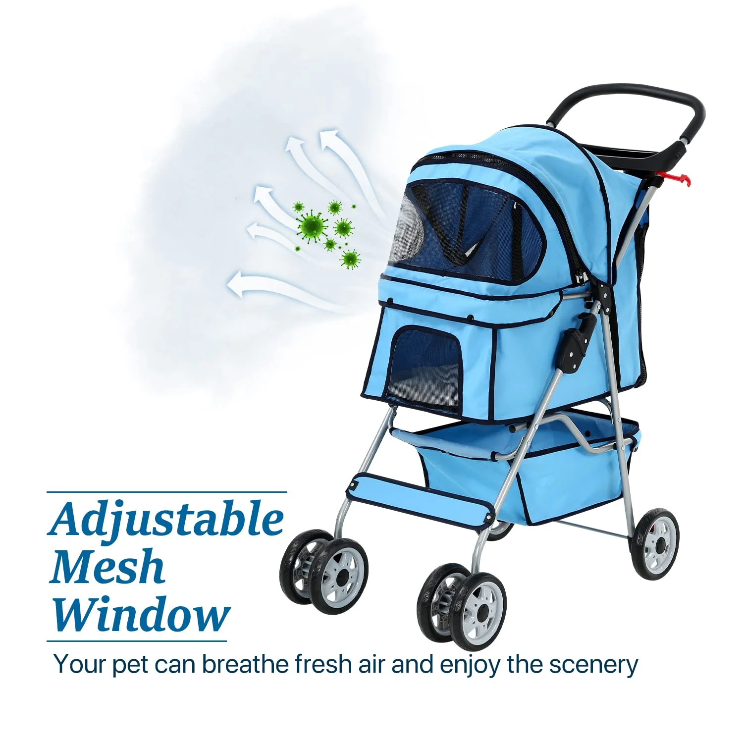 Dkelincs 4 Wheels Pet Stroller Folding Dog Cat Stroller Travel Carrier with Cup Holder & Storage Basket. Blue