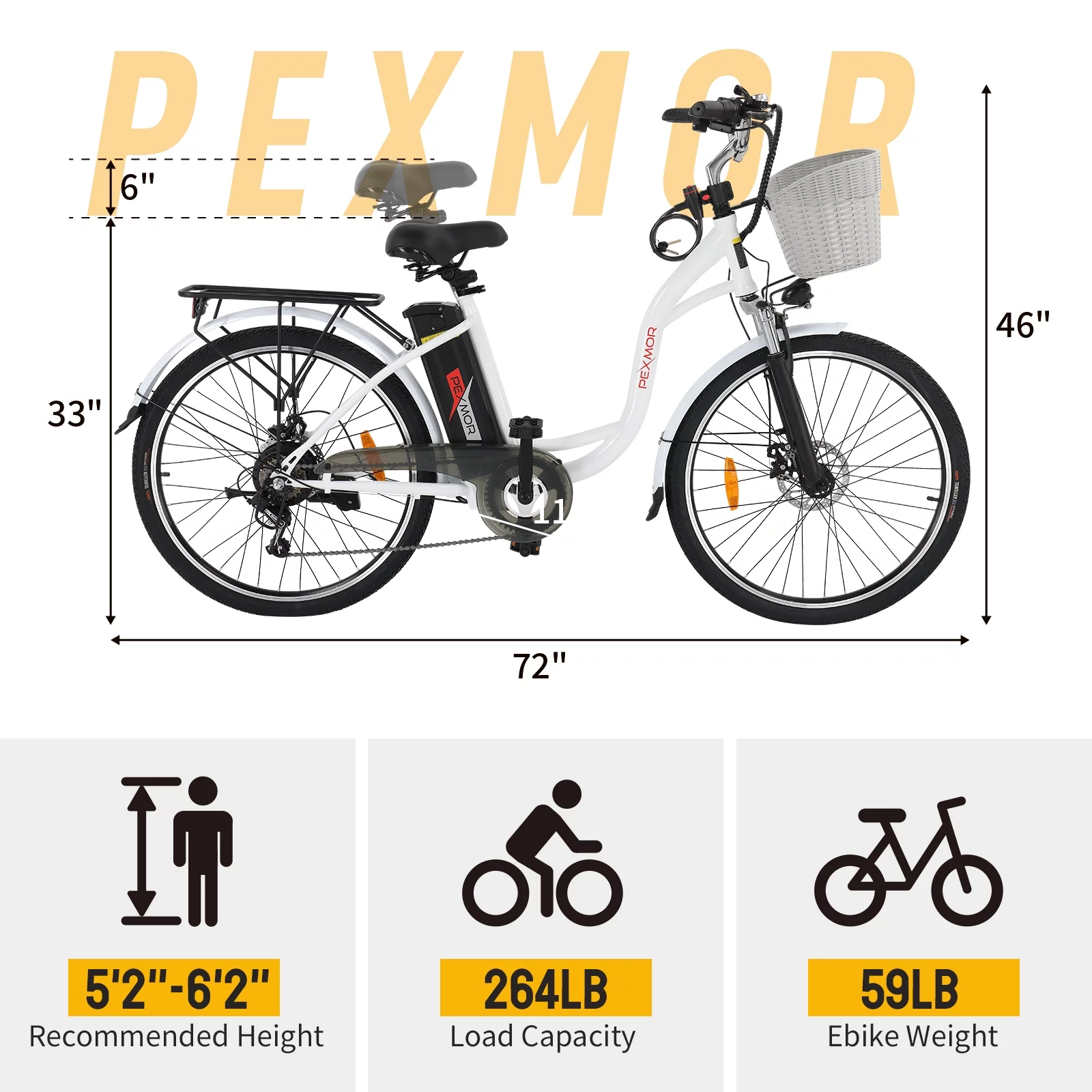 PEXMOR Electric Bike for Adults. 350W (Peak 500W) City Commuter Ebike 36V 12.5AH Removable Battery. 26 Cruiser Electric Bicycle Shimano 6-Speed | Dual Shock Absorber | Basket