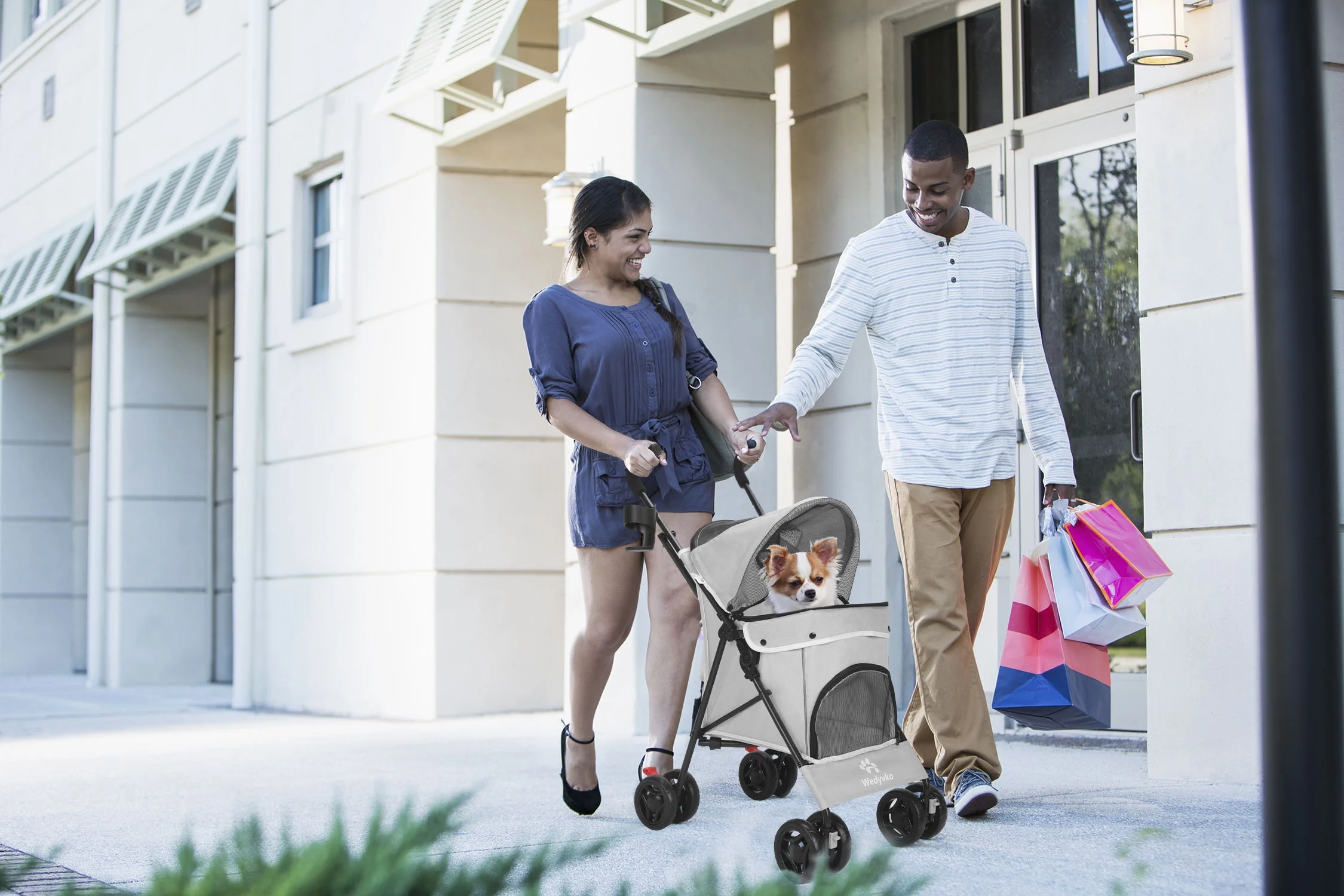 4 Wheel Foldable Cat Dog Stroller with Storage Basket. Handle 360° Front Wheel Rear Wheel with Brake for Small Medium Dogs & Cats-Gray