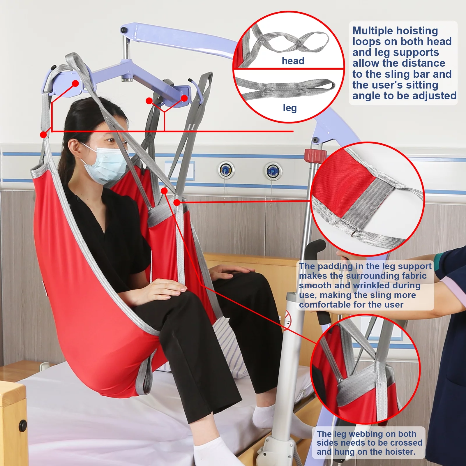 EZ Assistive Patient Lift Sling with Divided Leg for Patient Transfer Red Hoyer Lift Sling. 500lb Weight Capacity (Large Size )