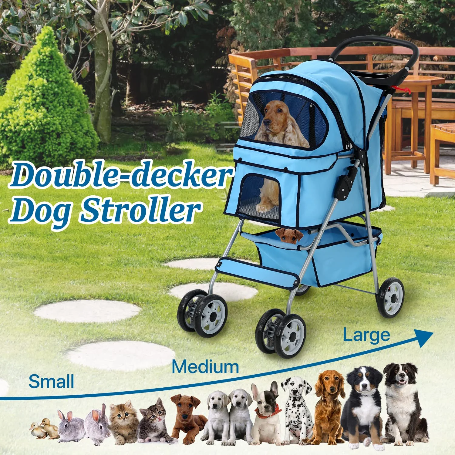 Dkelincs 4 Wheels Pet Stroller Folding Dog Cat Stroller Travel Carrier with Cup Holder & Storage Basket. Blue
