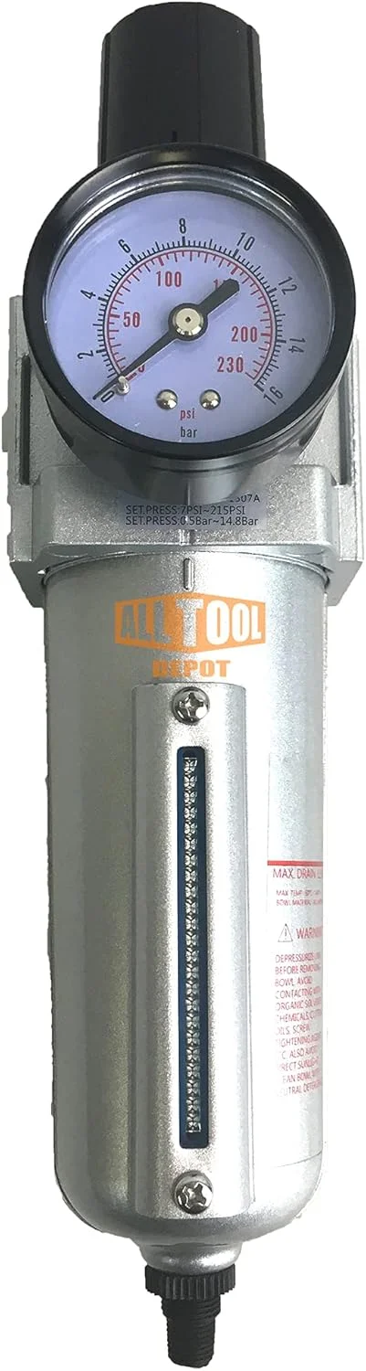 NPT HEAVY DUTY Compressed Air In Line Filter Regulator Combo Piggyback. Metal Bowl. 5 Micron . Adjustable From 7 to 175 PSI (AUTO DRAIN)