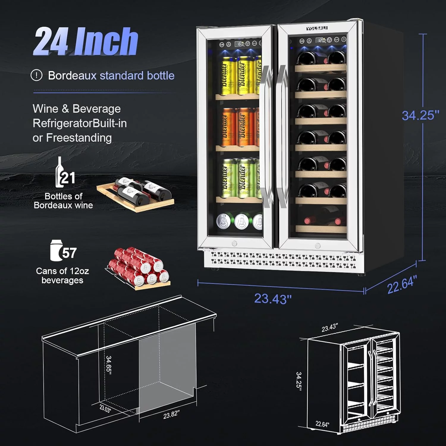 Yolsali 24 Inch Wine Cooler. Beverage Refrigerator. Dual Zone Wine Cooler Refrigerator with 2 Safety Locks. Adjustable Legs. Soft LED Light. Hold 20 Bottles and 57 Cans. Built-In or Freestanding