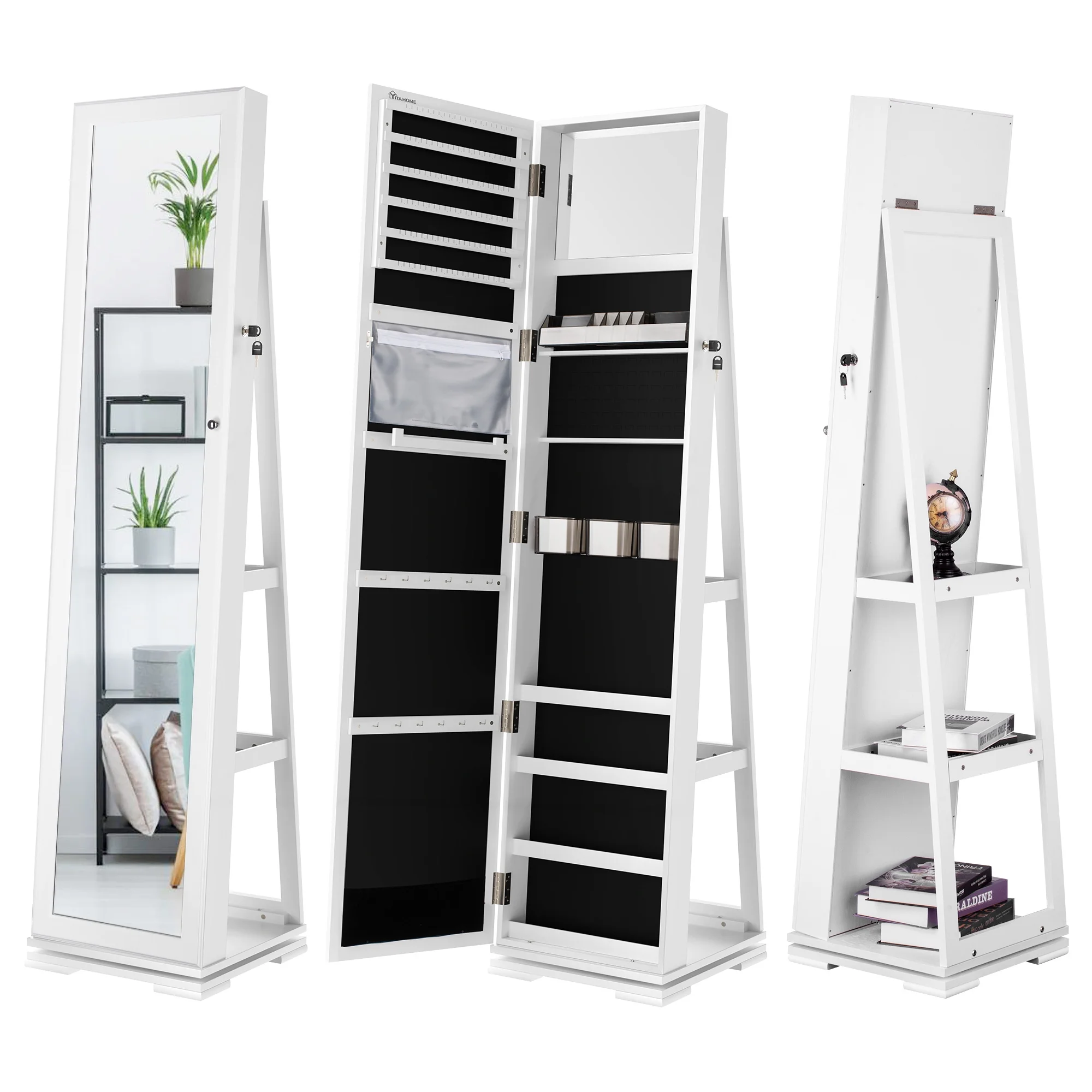 Dextrus Mirror Jewelry Cabinet 360�� Rotating Jewelry Armoire Storage Box w/ Full Length Mirror Jewelry Organizer - White