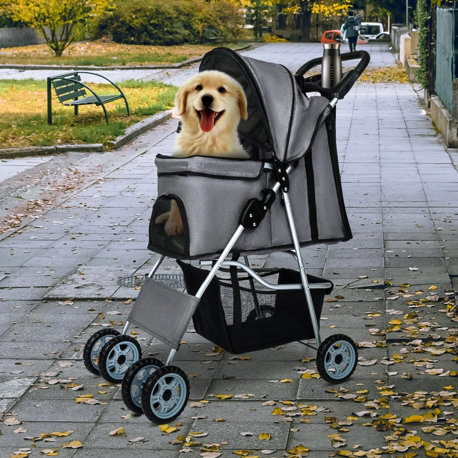 Dkelincs Pet Stroller 4 Wheels Foldable Dog Cat Stroller Travel Carrier with Storage Basket & Cup Holder. Grey