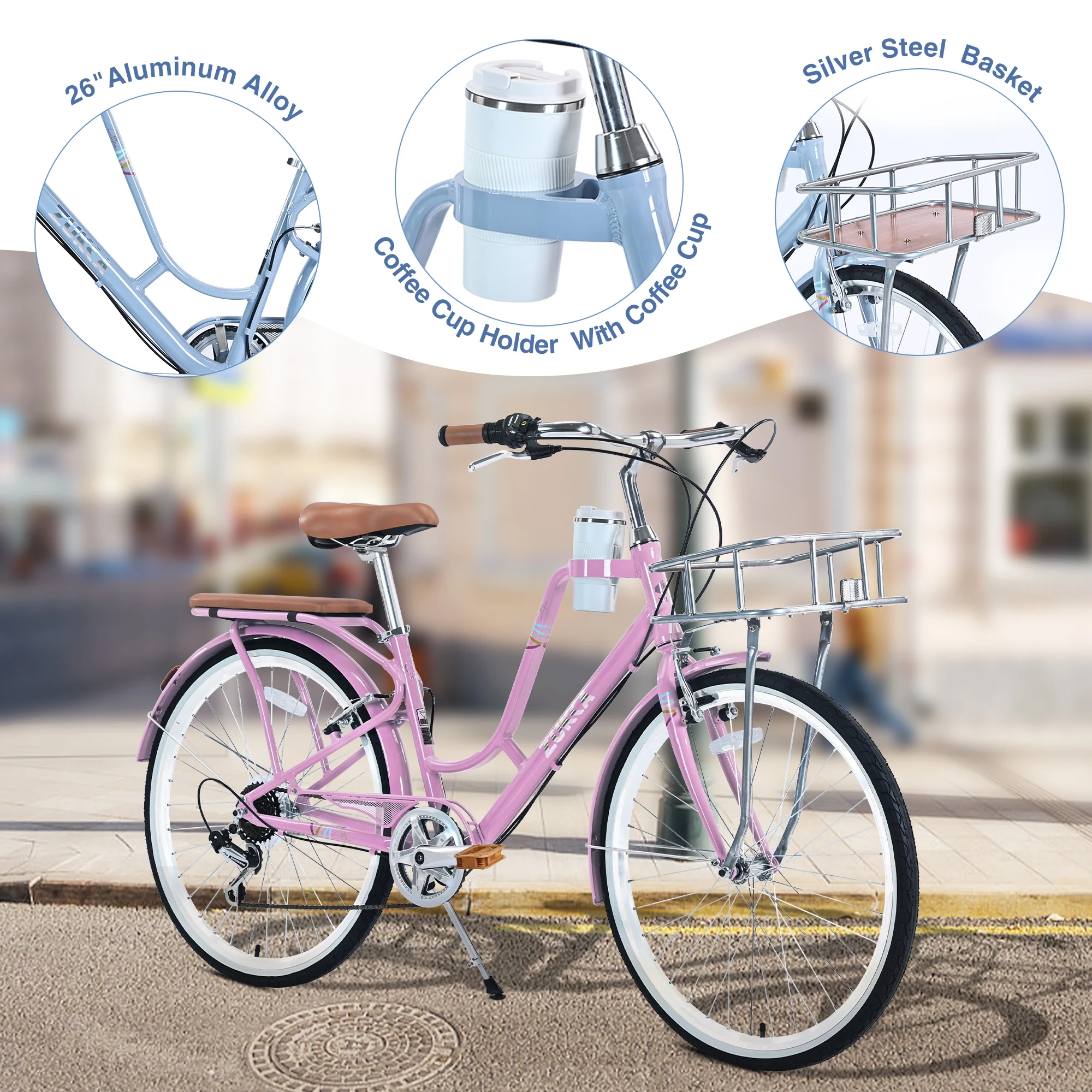 iYofe Womens Cruiser Bike 26 inch Womens Bike City Bike for Ladies with Coffee Cup Holder Commuter Bike. Shimano 7 speed. 85% Assembled. Pink