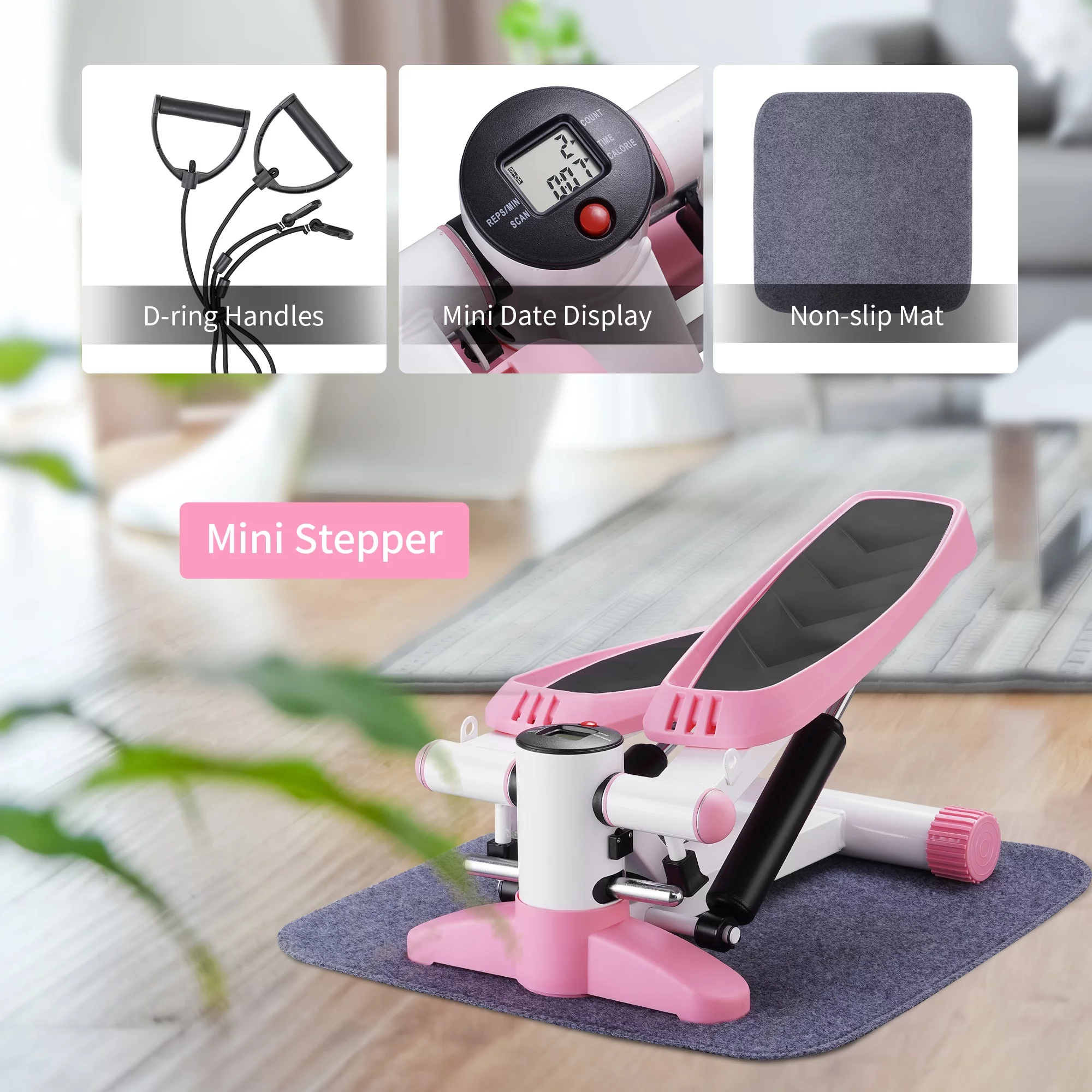 Wesfital Steppers for Exercise + Free Non-slip Mat. Mini Stair Stepper with Resistance Bands(Pink)