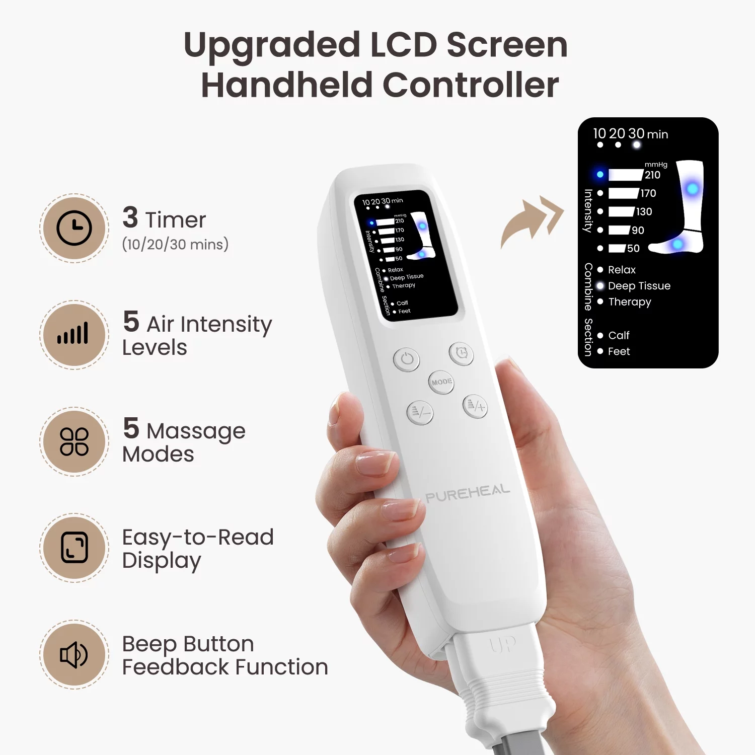 PureHeal Leg Massager for Circulation. Air Compression Foot and Leg Massage with 5 Modes and 5 Intensities. Black