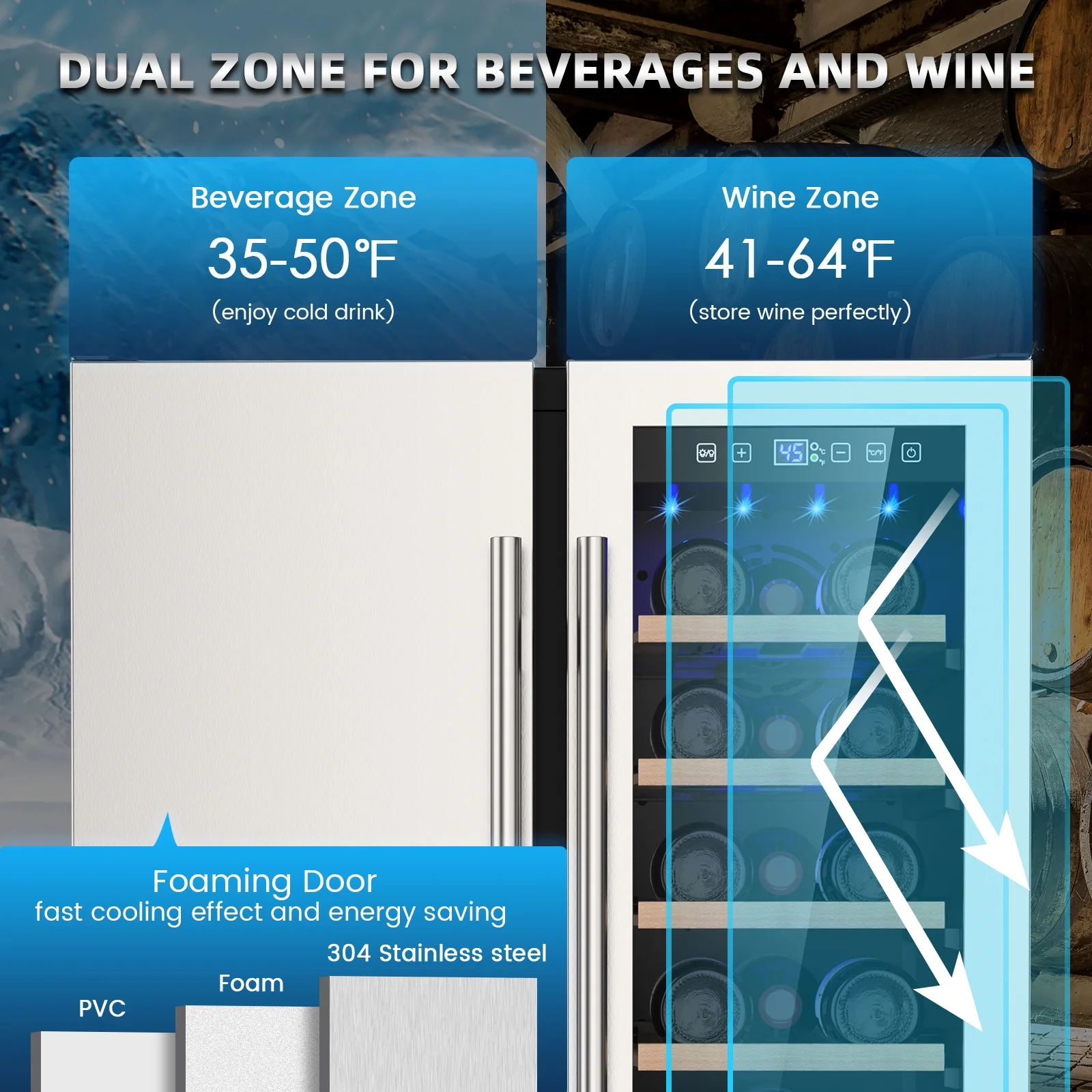 Ecojoy Wine and Beverage Refrigerator. 24 Inch Dual Zone Wine Fridge. Under Counter Wine Cooler Fridge Built-In or Freestanding. Holds 20 Bottles and 57 Cans