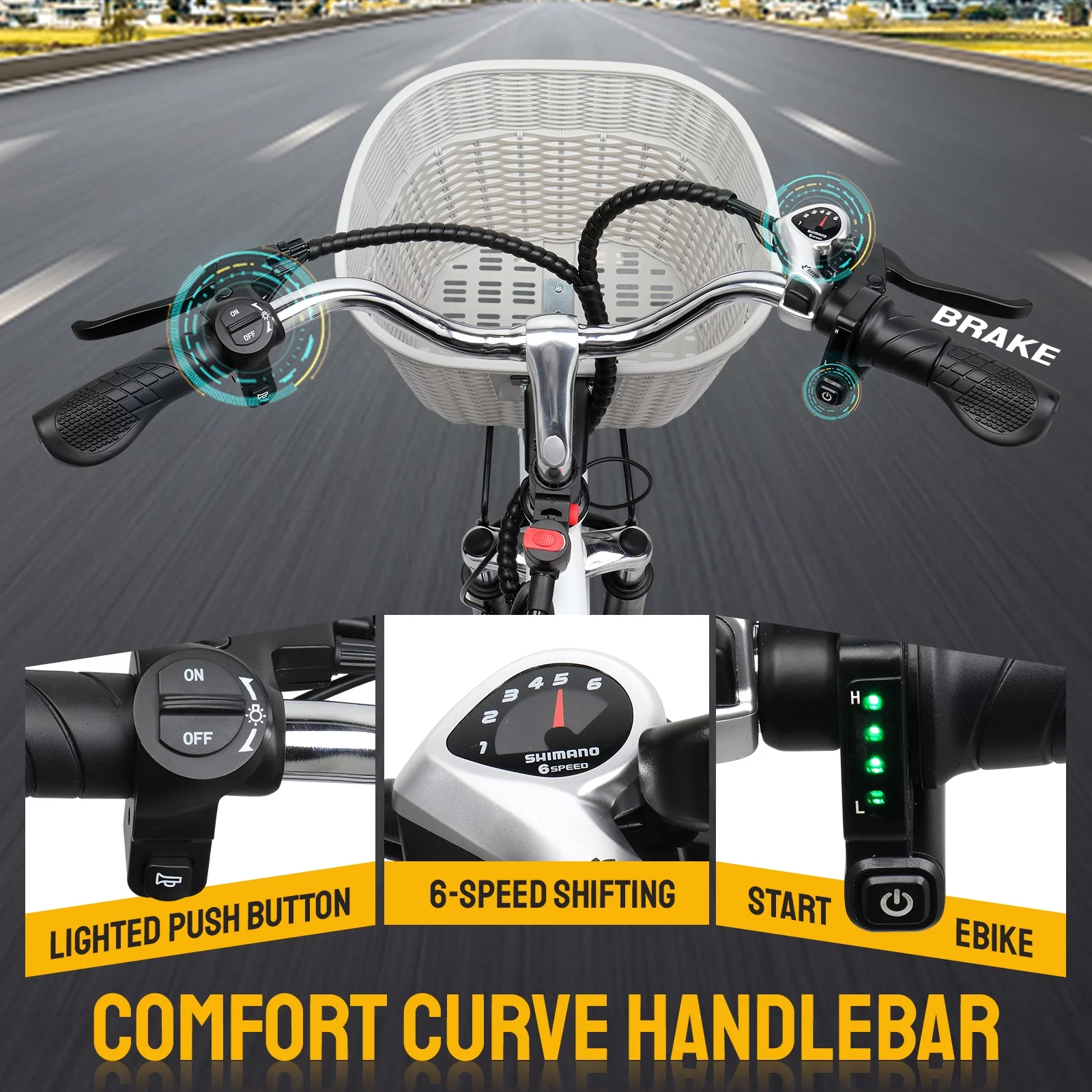 PEXMOR Electric Bike for Adults. 350W (Peak 500W) City Commuter Ebike 36V 12.5AH Removable Battery. 26 Cruiser Electric Bicycle Shimano 6-Speed | Dual Shock Absorber | Basket