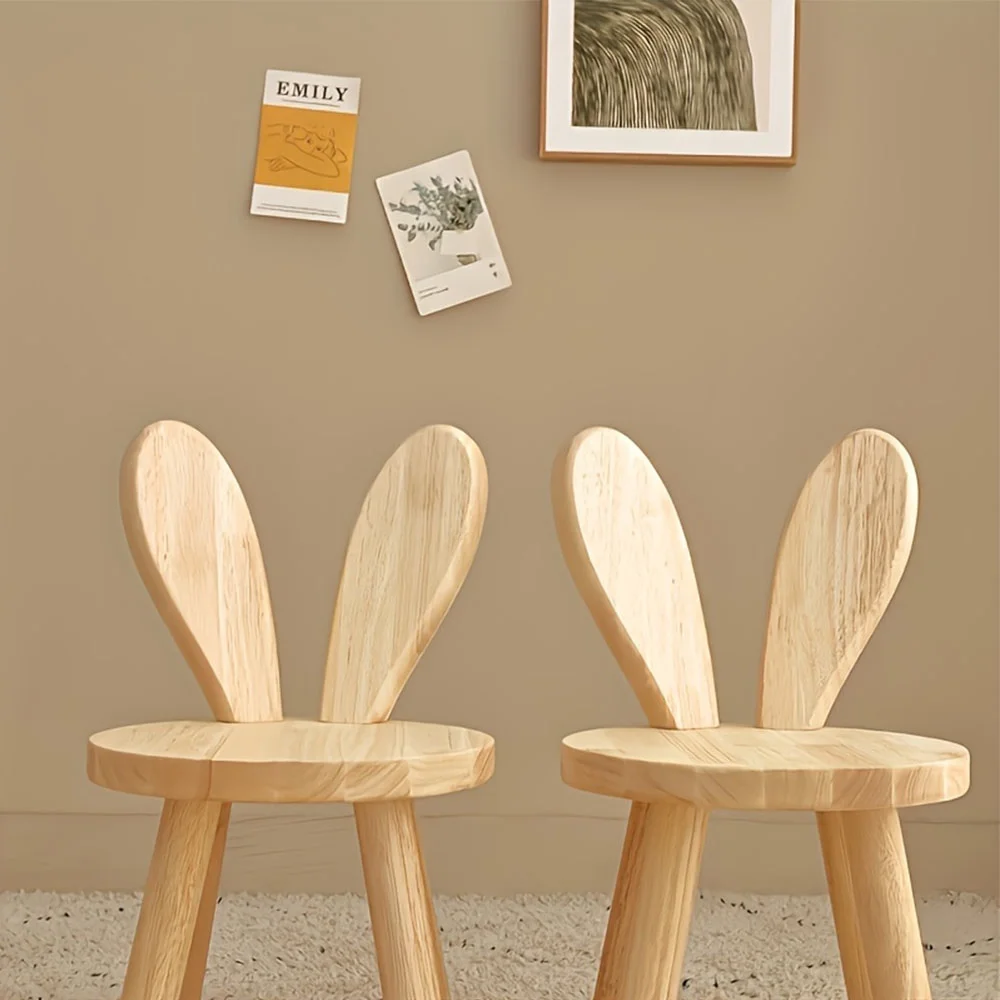 2pcs Whimsical Wooden Rabbit Ears Stool - Compact. Space-Saving. Simple Design. Solid Wood Construction. Cute Decorative Accent. Versatile Shoe Changing Stool for Door. Room. and Entryway