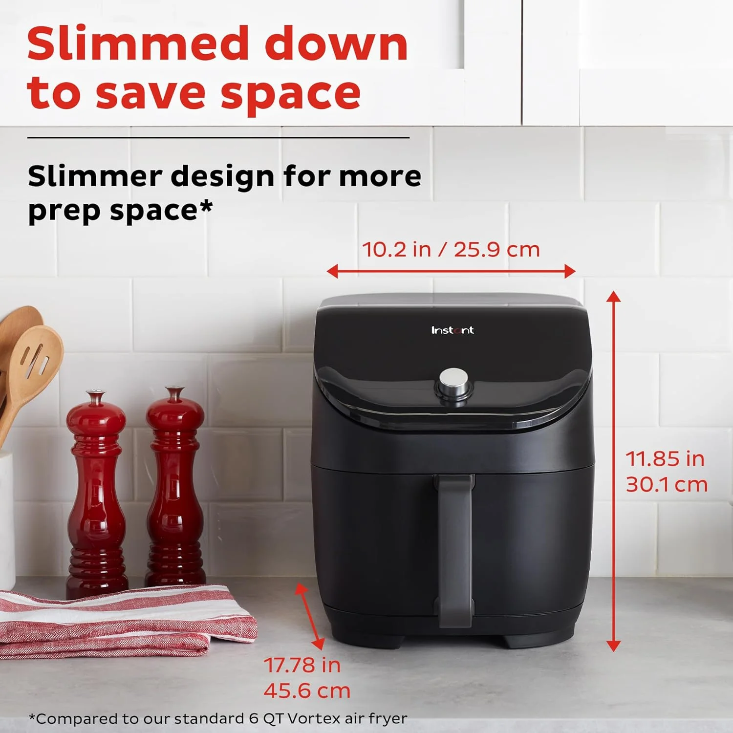 Slim XL 6QT Air Fryer that Crisps. Roasts. Reheats. Bakes. Broils & is Quiet. Space Saving. Nonstick. Dishwasher-Safe. 100+ In-App Recipes.Black