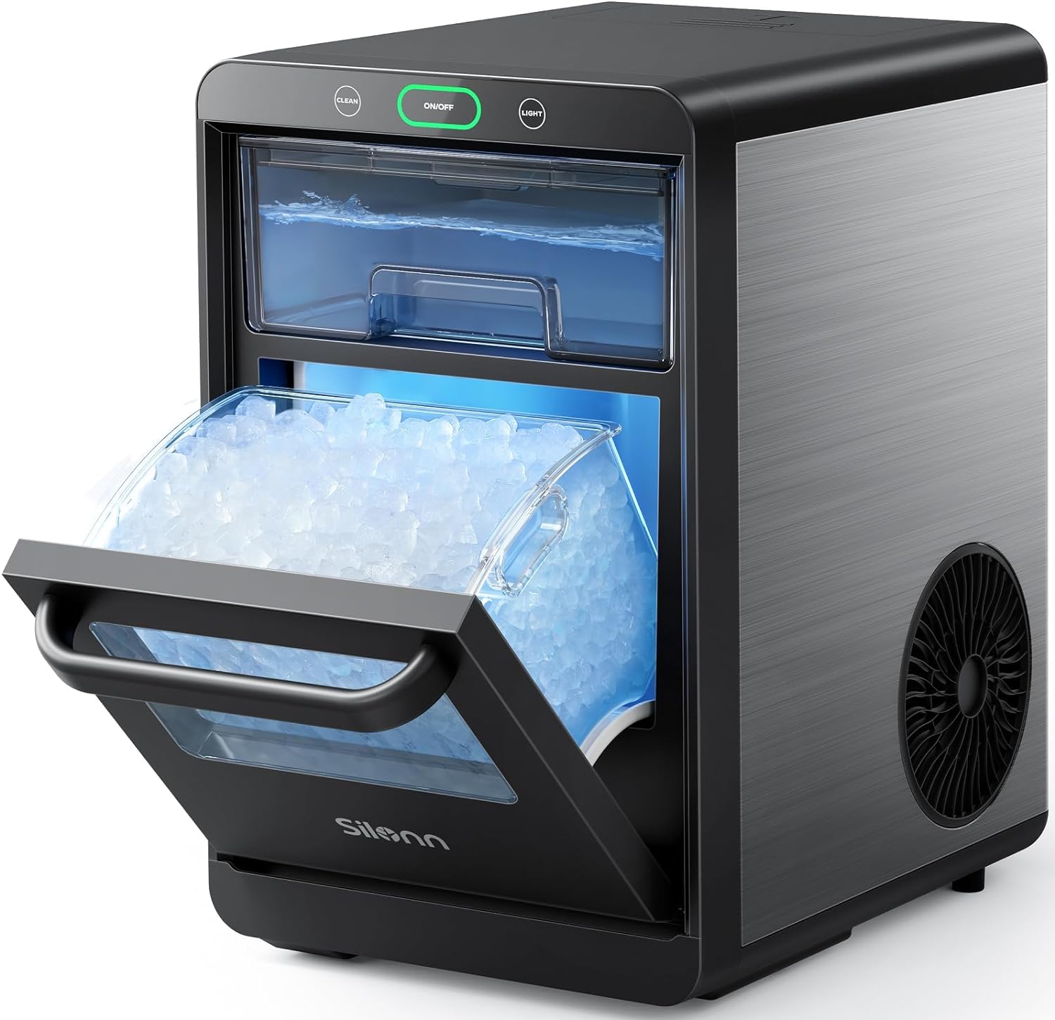 Nugget Ice Maker Countertop Pebble Ice Maker Machine Crushed Ice. Pellet Ice 44 lbs per Day. Pull-Out Water Tank and Removable Ice Basket for Home. Kitchen. Stainless Steel